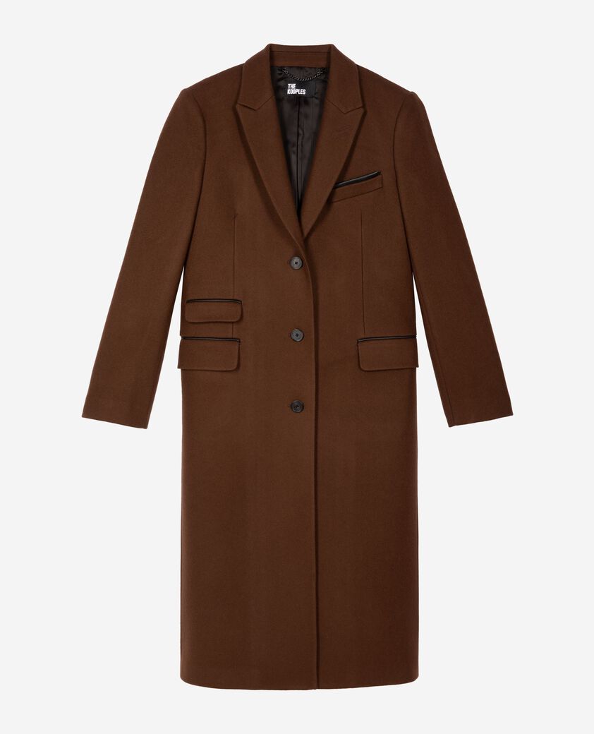 The Kooples WOMEN CHOCOLATE long wool coat with brown leather details