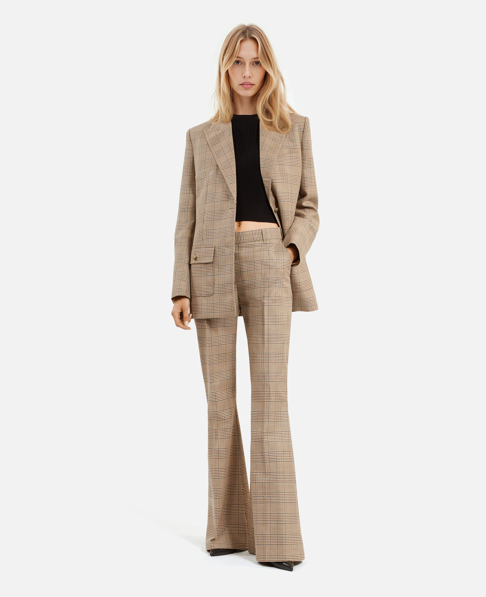 The Kooples FEMME BEIGE-BROWN pantalon flare en laine prince de galles