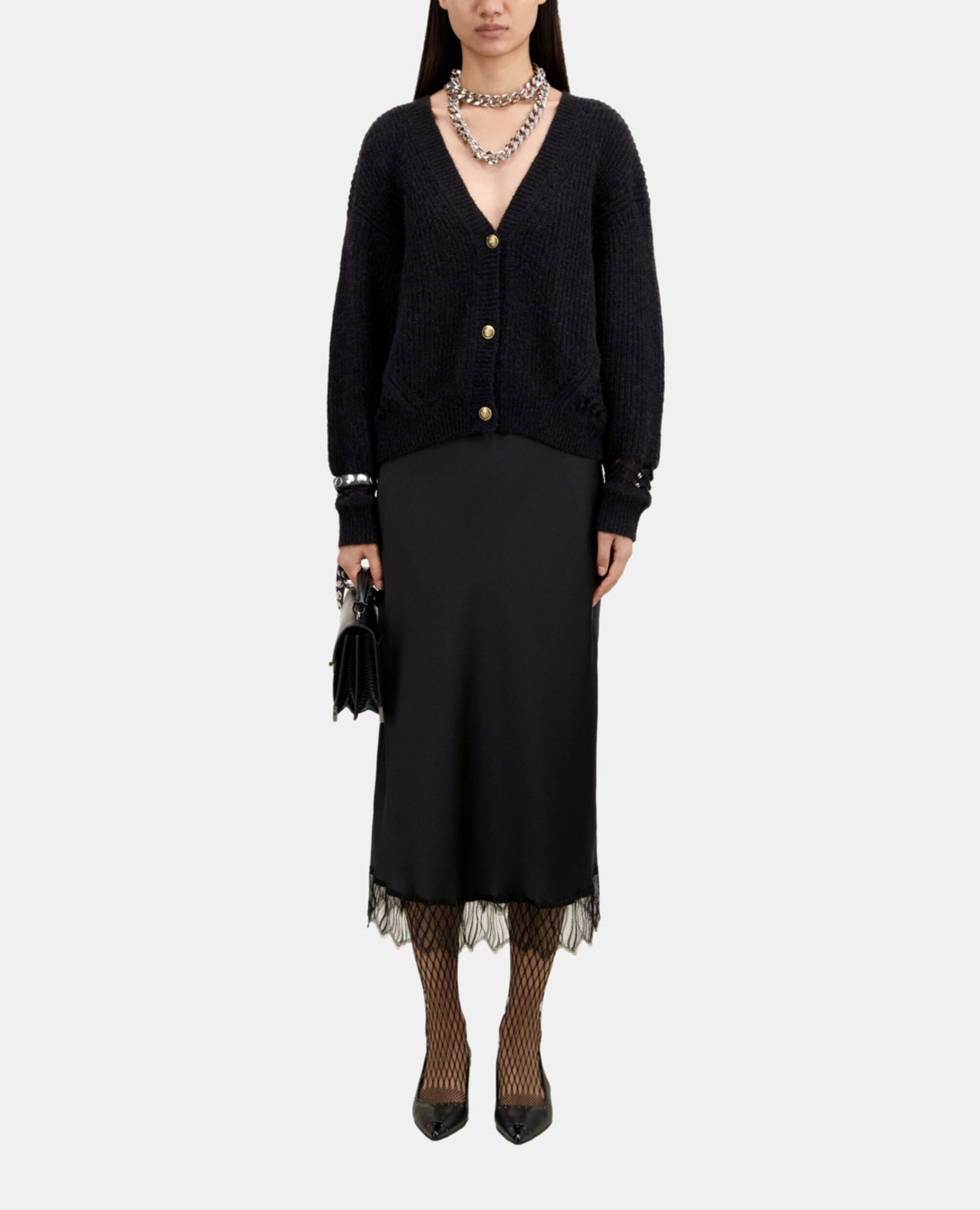 Black wool-blend cardigan, BLACK, hi-res image number null