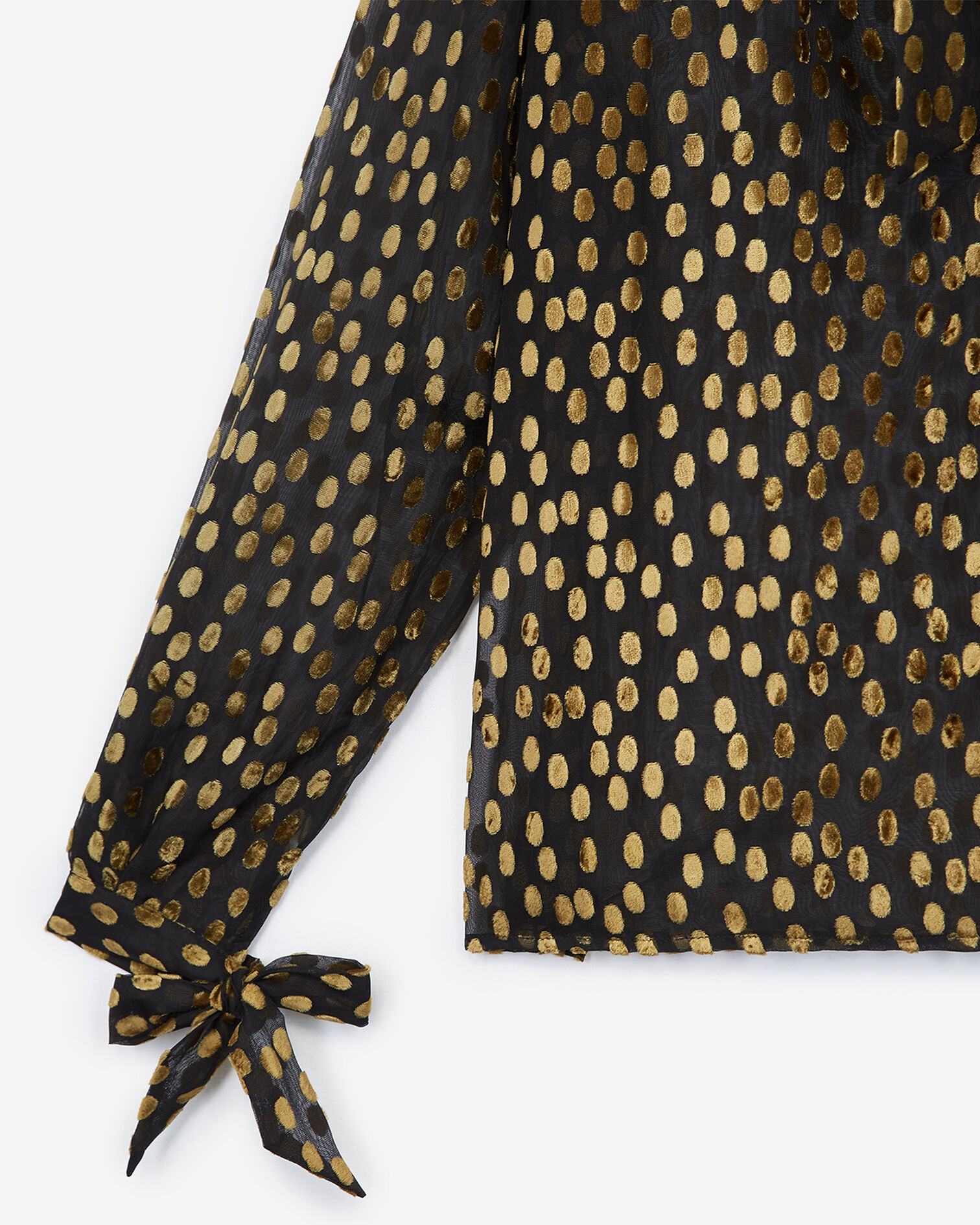 Black silk top with pussy bow, yellow dots, BLACK, hi-res image number null