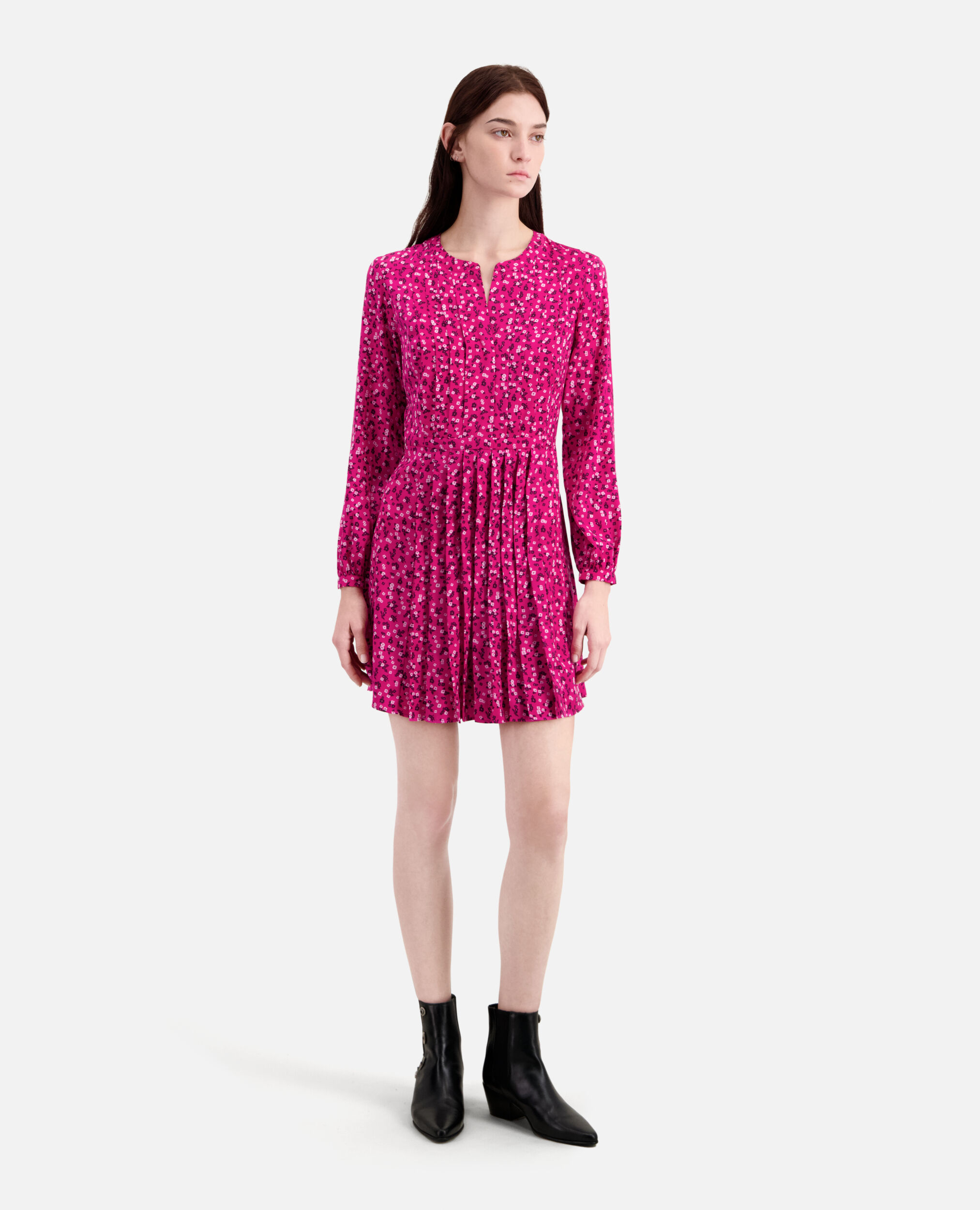 Short printed dress with pleating, PINK BLACK, hi-res image number null
