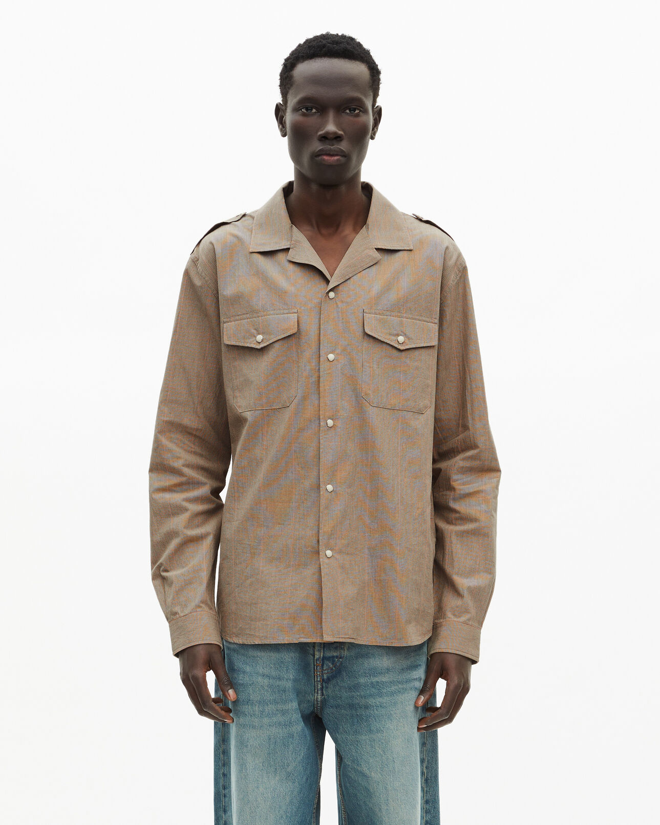 The Kooples MEN BEIGE / BROWN / BLACK long-sleeved shirt with micro-check pattern