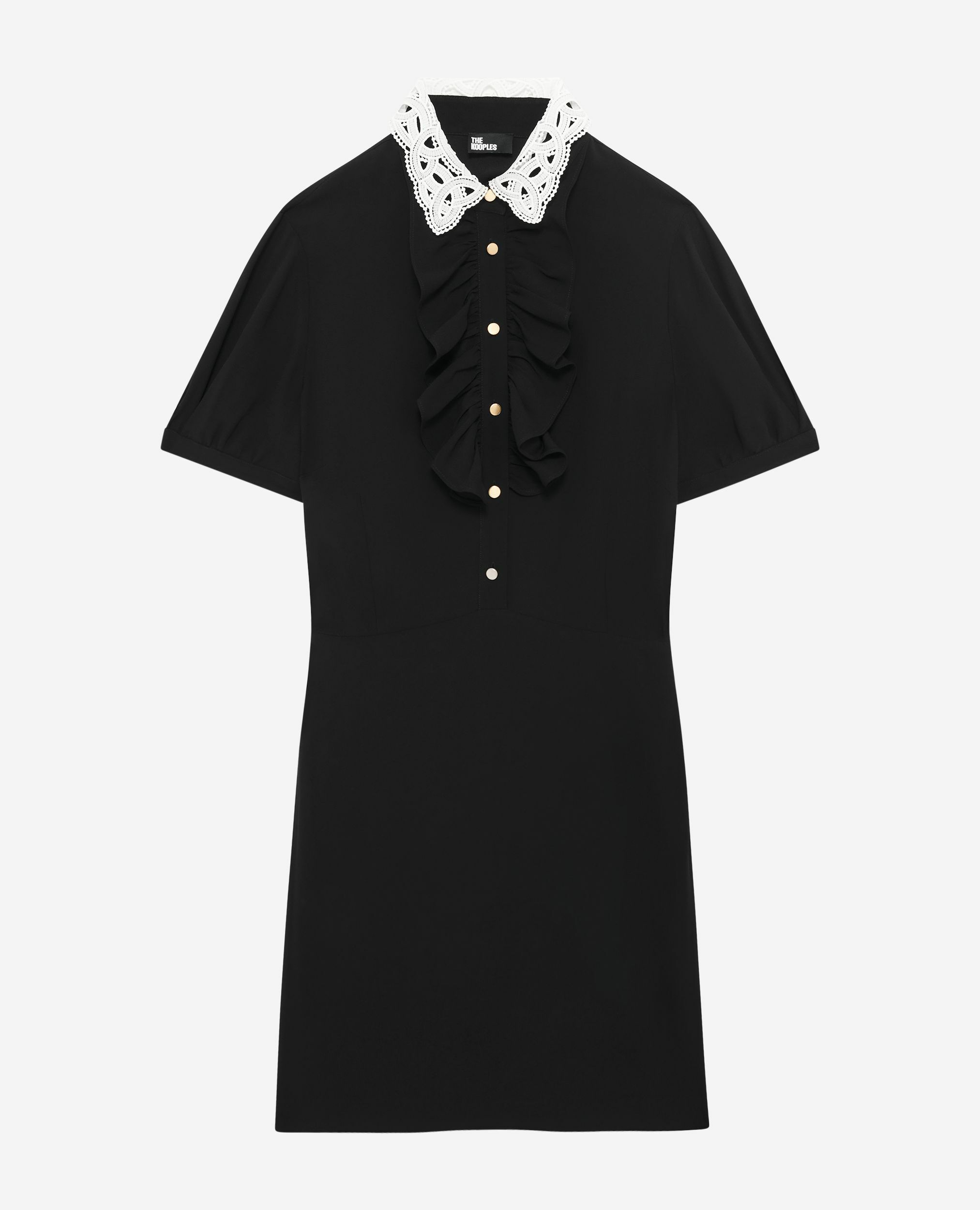 Robe à col brodé contrasté courte noire, BLACK, hi-res image number null
