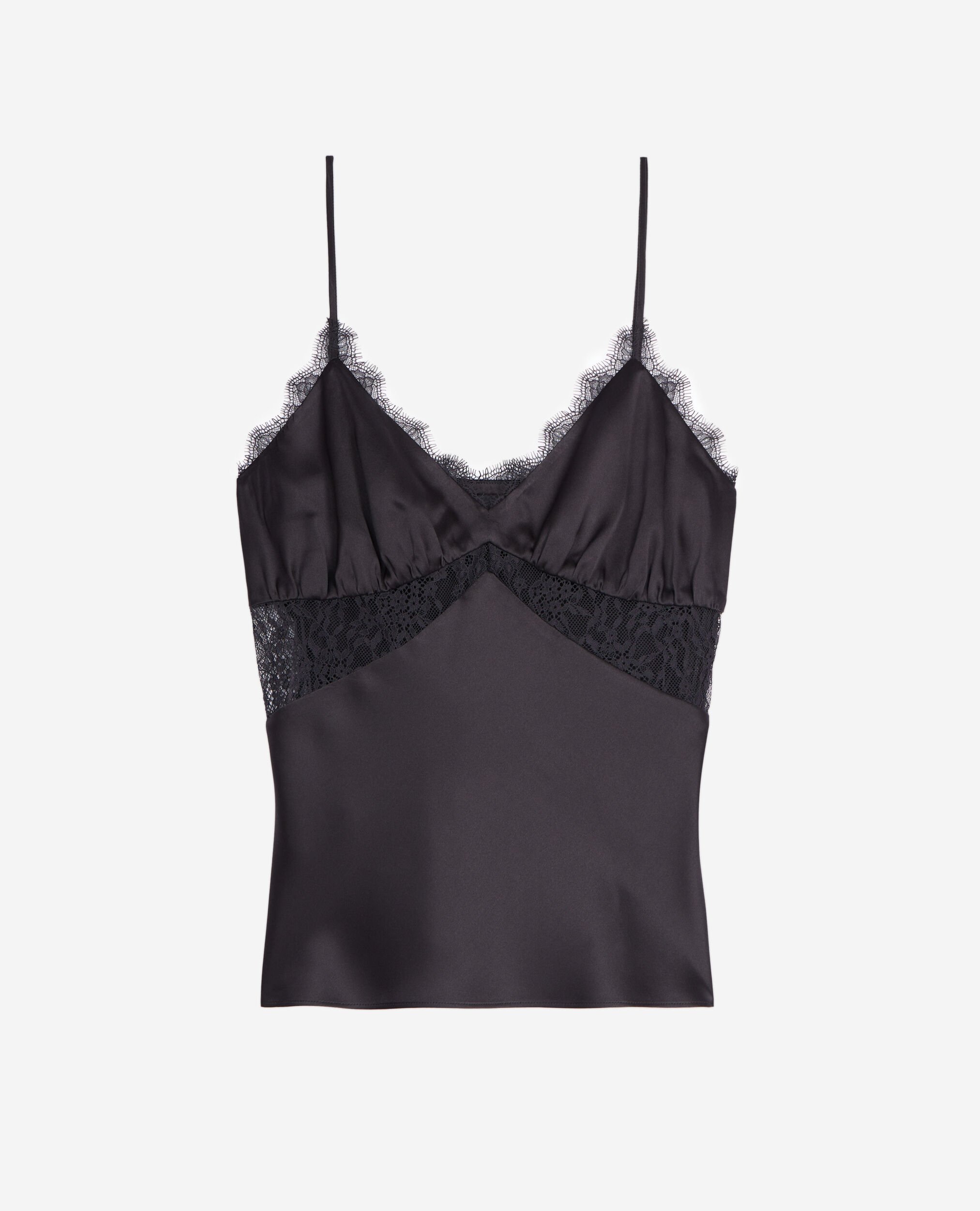 Black silk camisole with lace, BLACK, hi-res image number null
