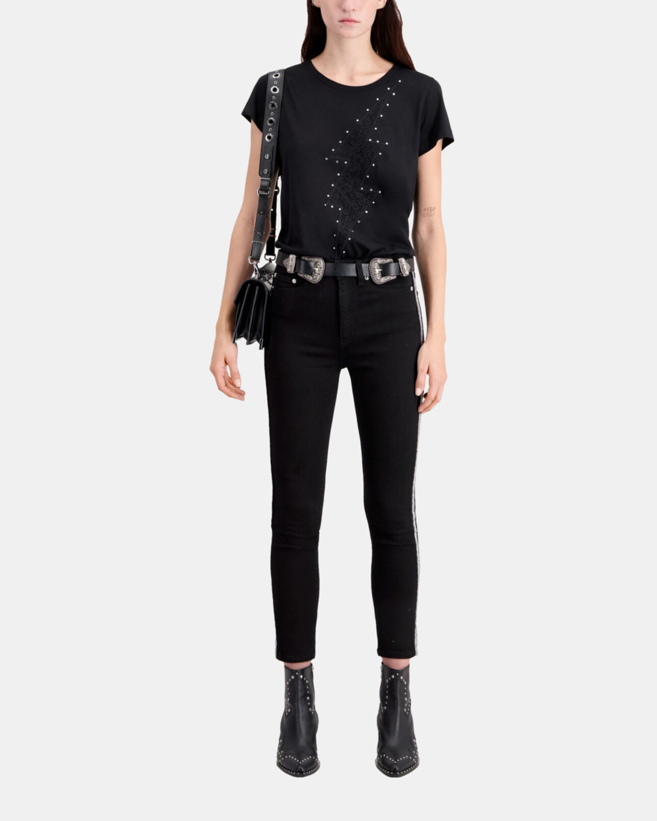 The Kooples WOMEN BLACK WASHED black slim jeans with chains
