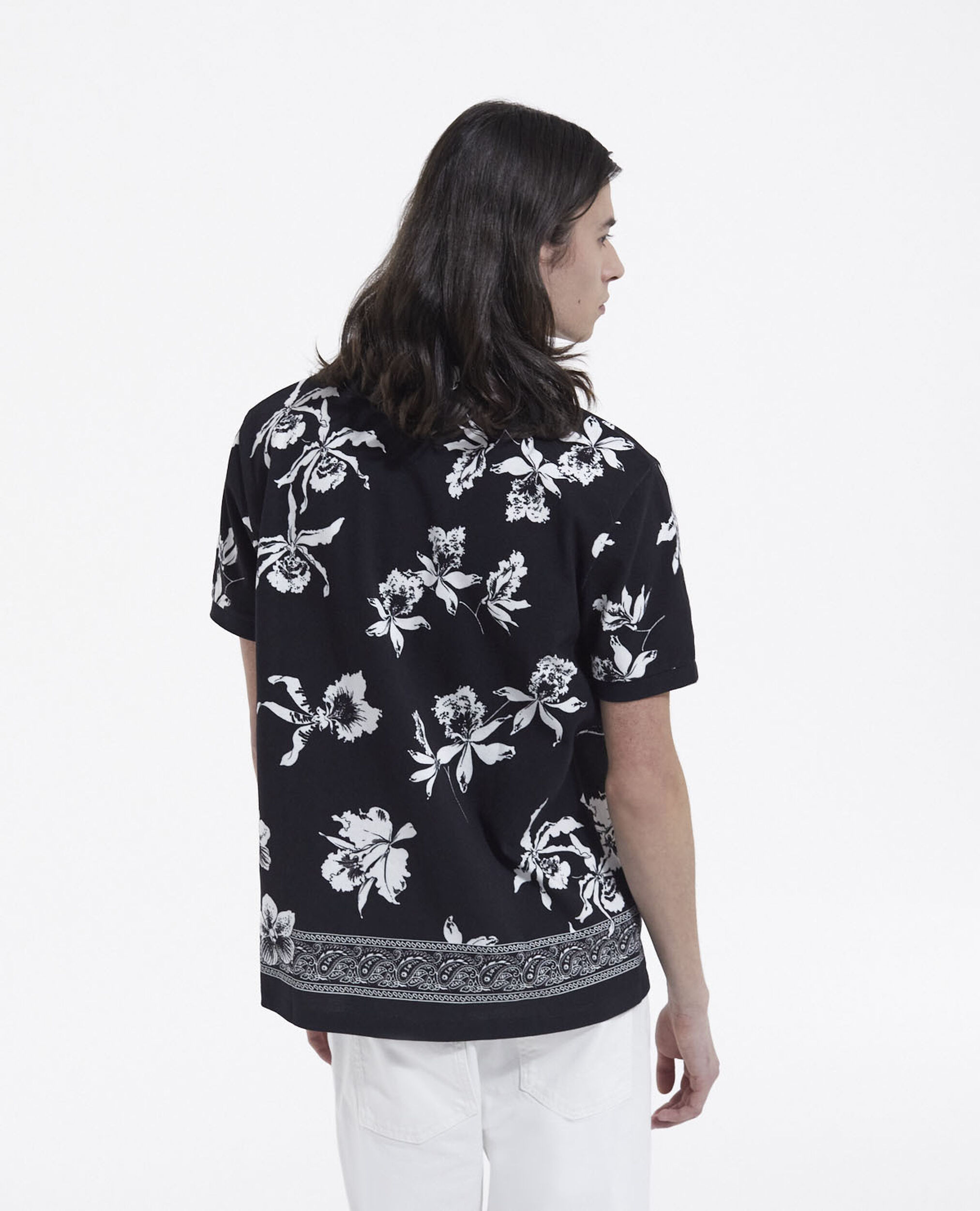 Casual black and white polo with floral print, BLACK-ECRU, hi-res image number null