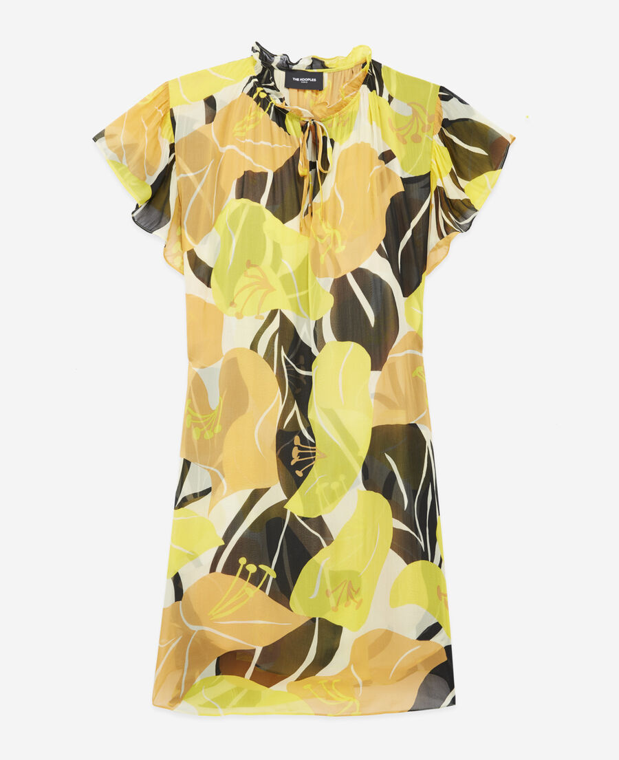 short yellow floral dress with frilly sleeves