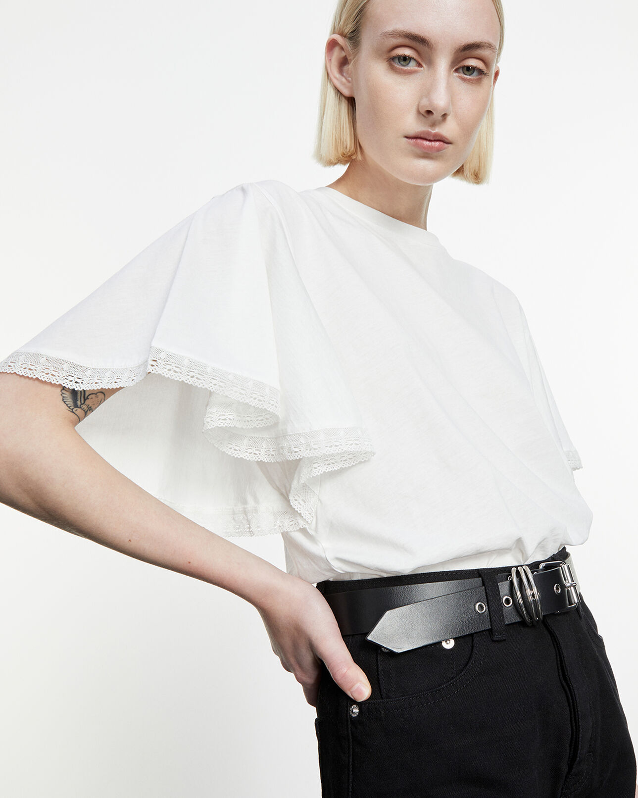 The Kooples FEMME ECRU t-shirt écru coton manches à volants