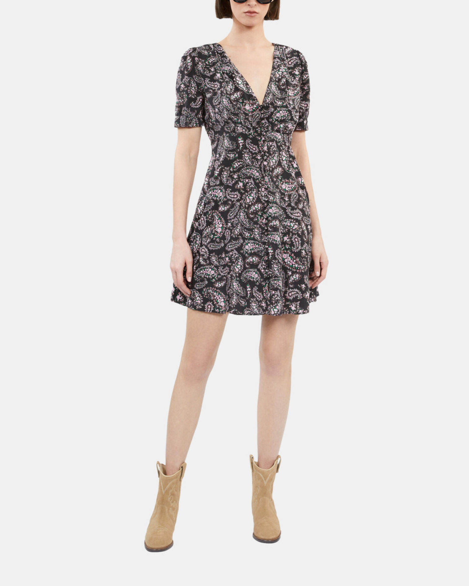Black and pink paisley print short dress with buttons, BLACK / PINK, hi-res image number null