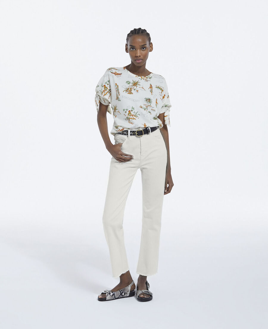 flowing printed white top with knotted details
