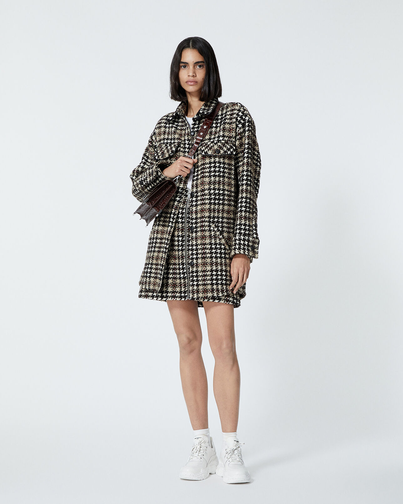 The Kooples WOMEN BLACK-ECRU oversized tweed houndstooth shirt jacket with leather detail