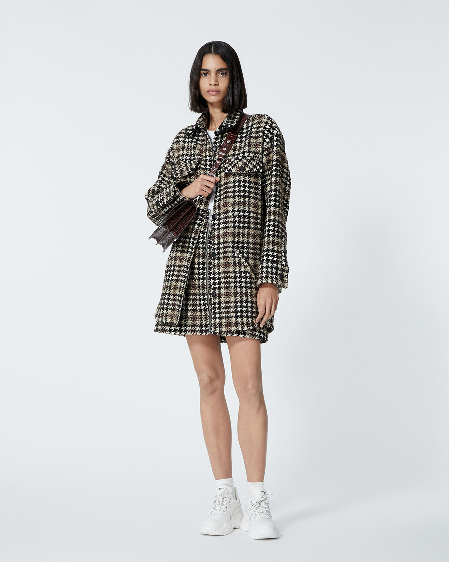 Oversized tweed houndstooth shirt jacket with leather detail, BLACK-ECRU, hi-res image number null