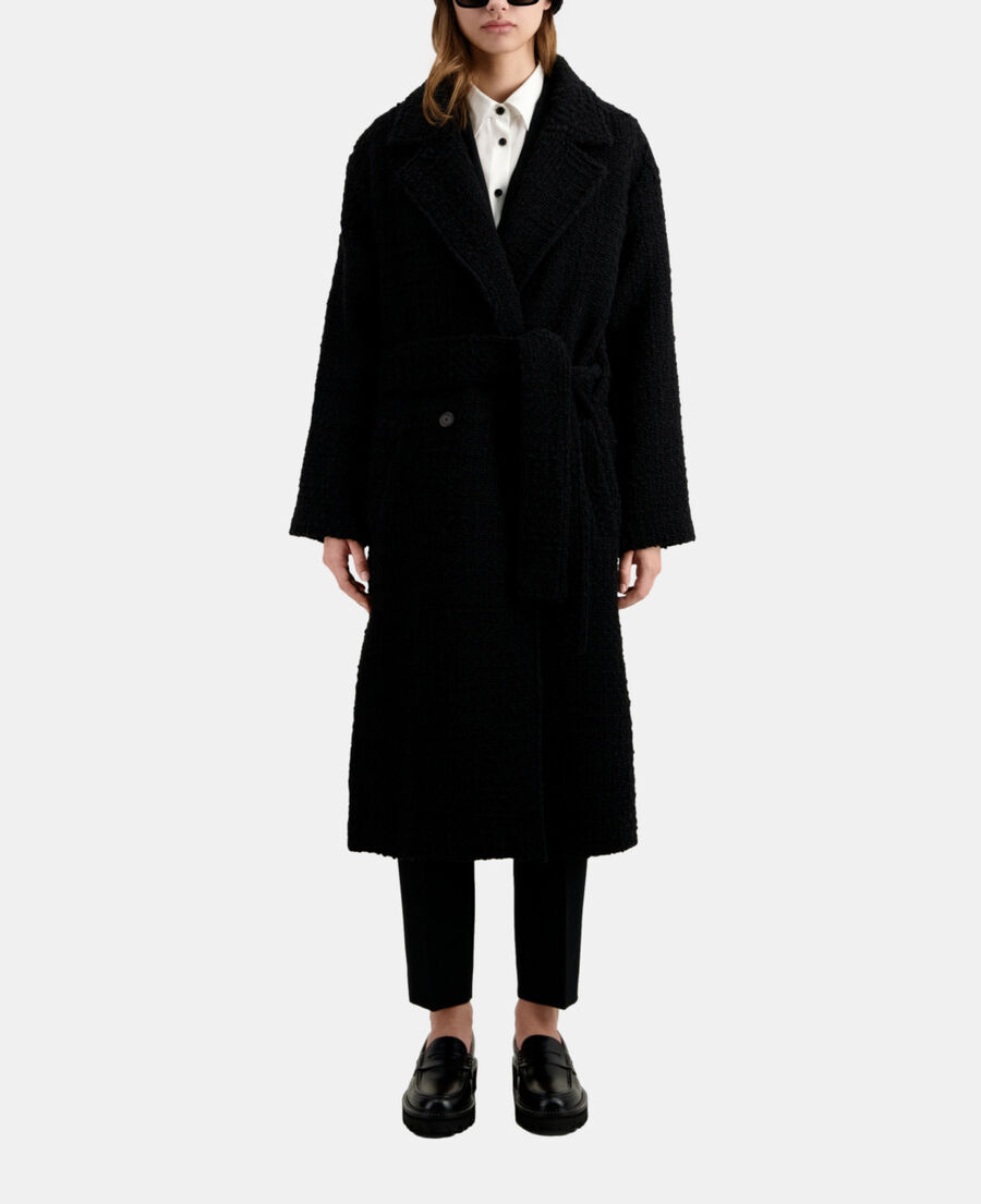 langer schwarzer mantel aus tweed
