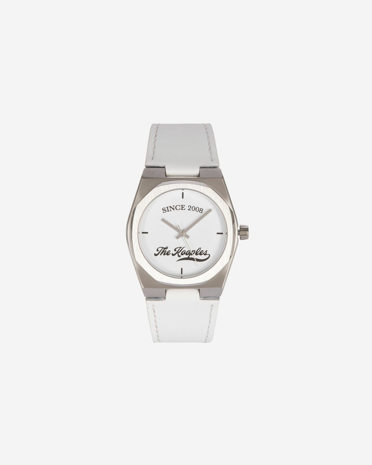 The Kooples MIXED SILVER watch with logo and white leather strap