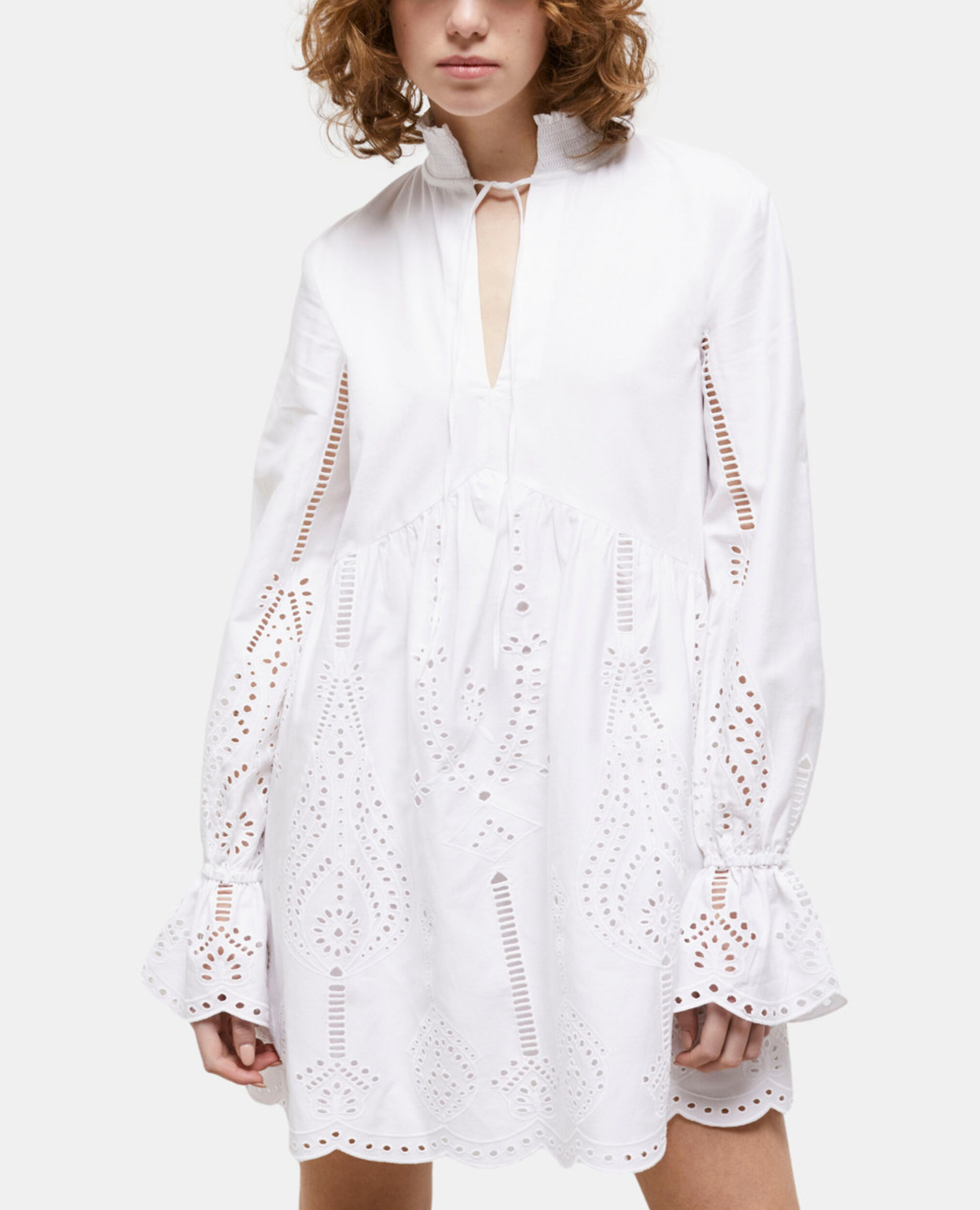 Short white dress with broderie anglaise, WHITE, hi-res image number null