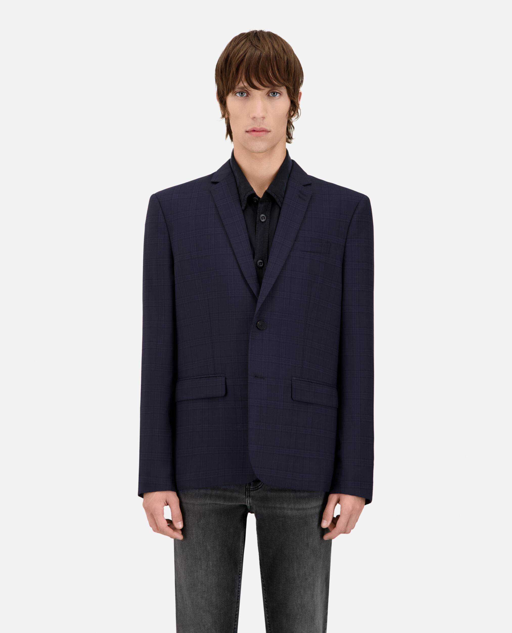 Navy blue Prince of Wales wool suit jacket, NAVY, hi-res image number null