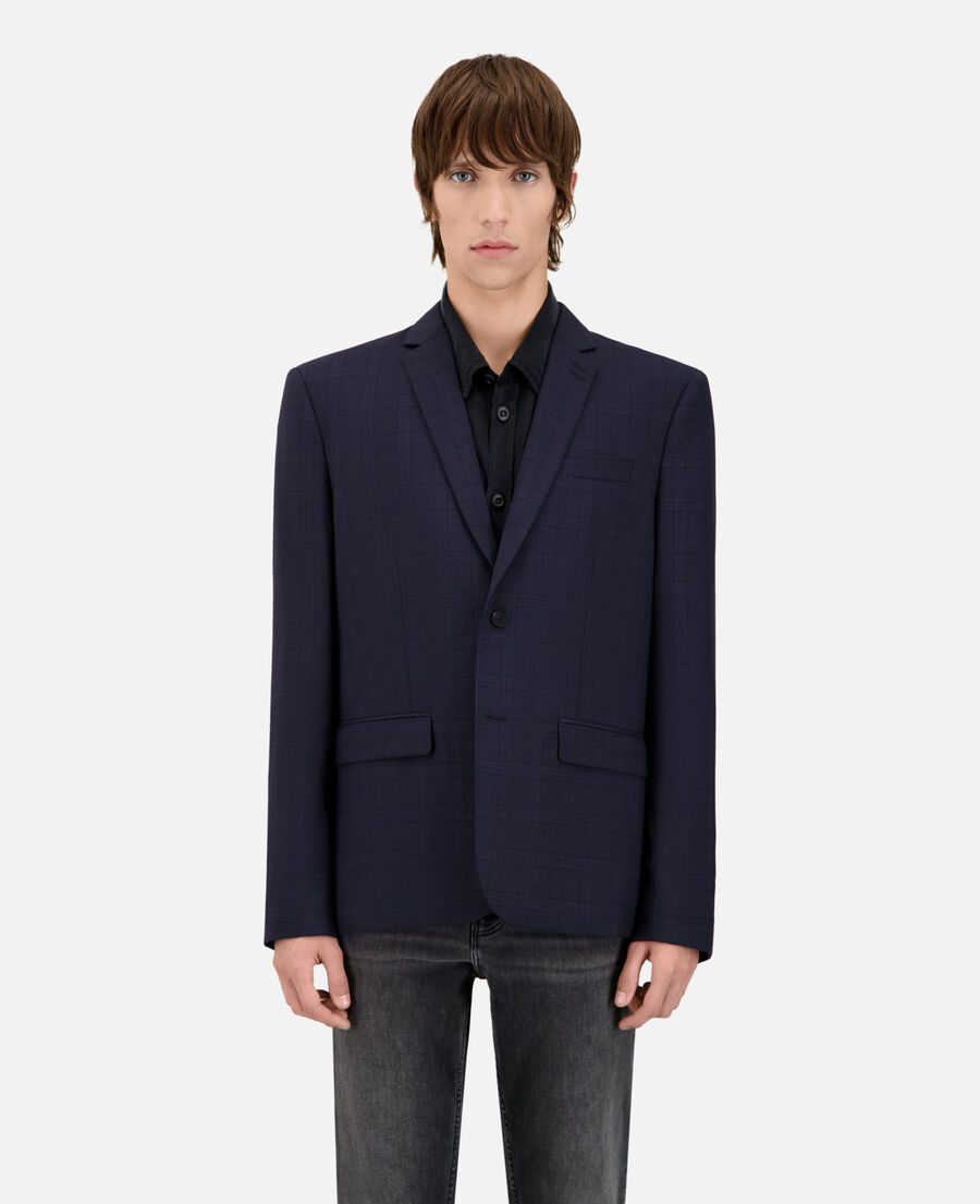navy blue prince of wales wool suit jacket