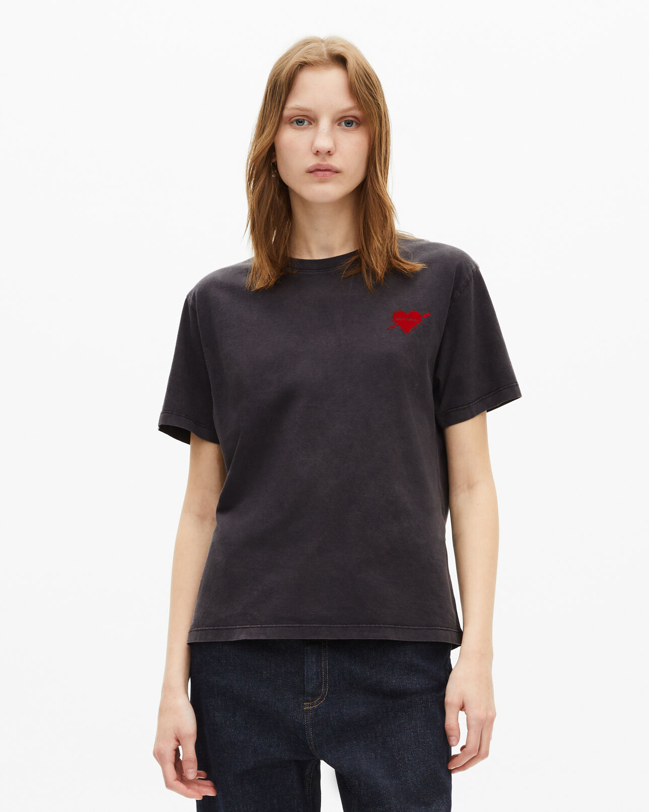 The Kooples WOMEN BLACK WASHED black t-shirt with heart flocking