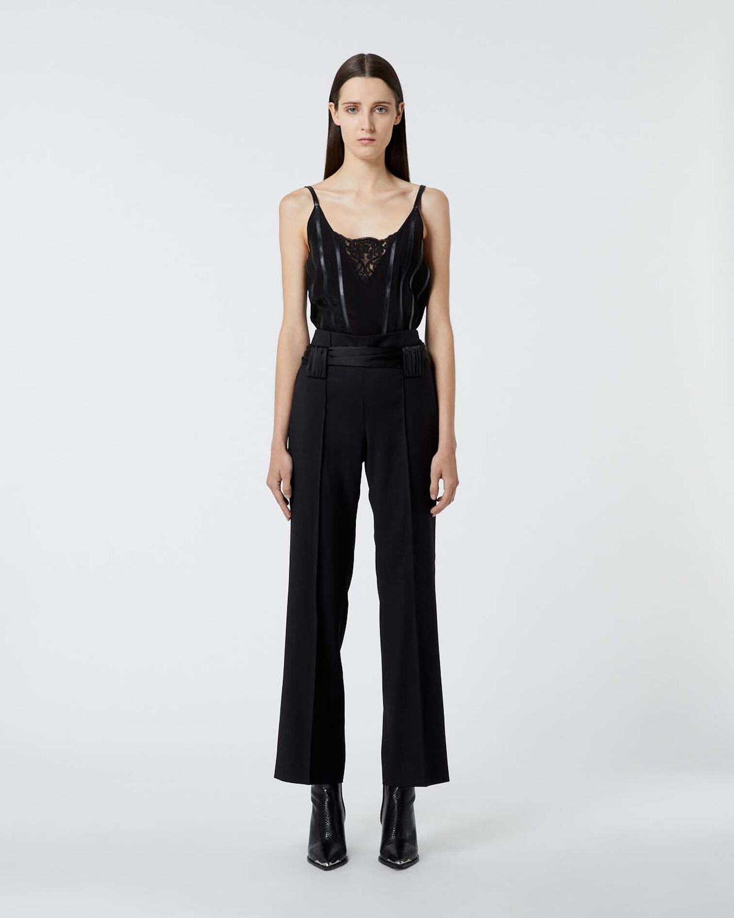 Schwarze Wollhose mit Bindegürtel, BLACK, hi-res image number null
