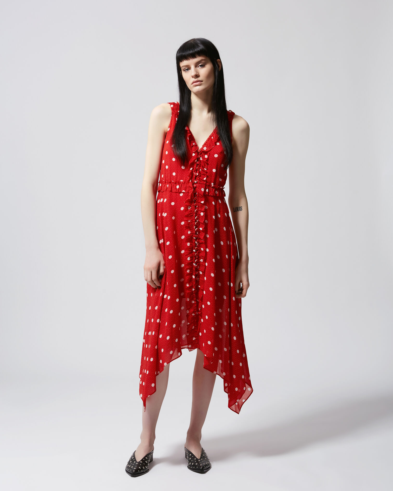 Sleeveless long red dress with polka dots, RED / ECRU, hi-res image number null