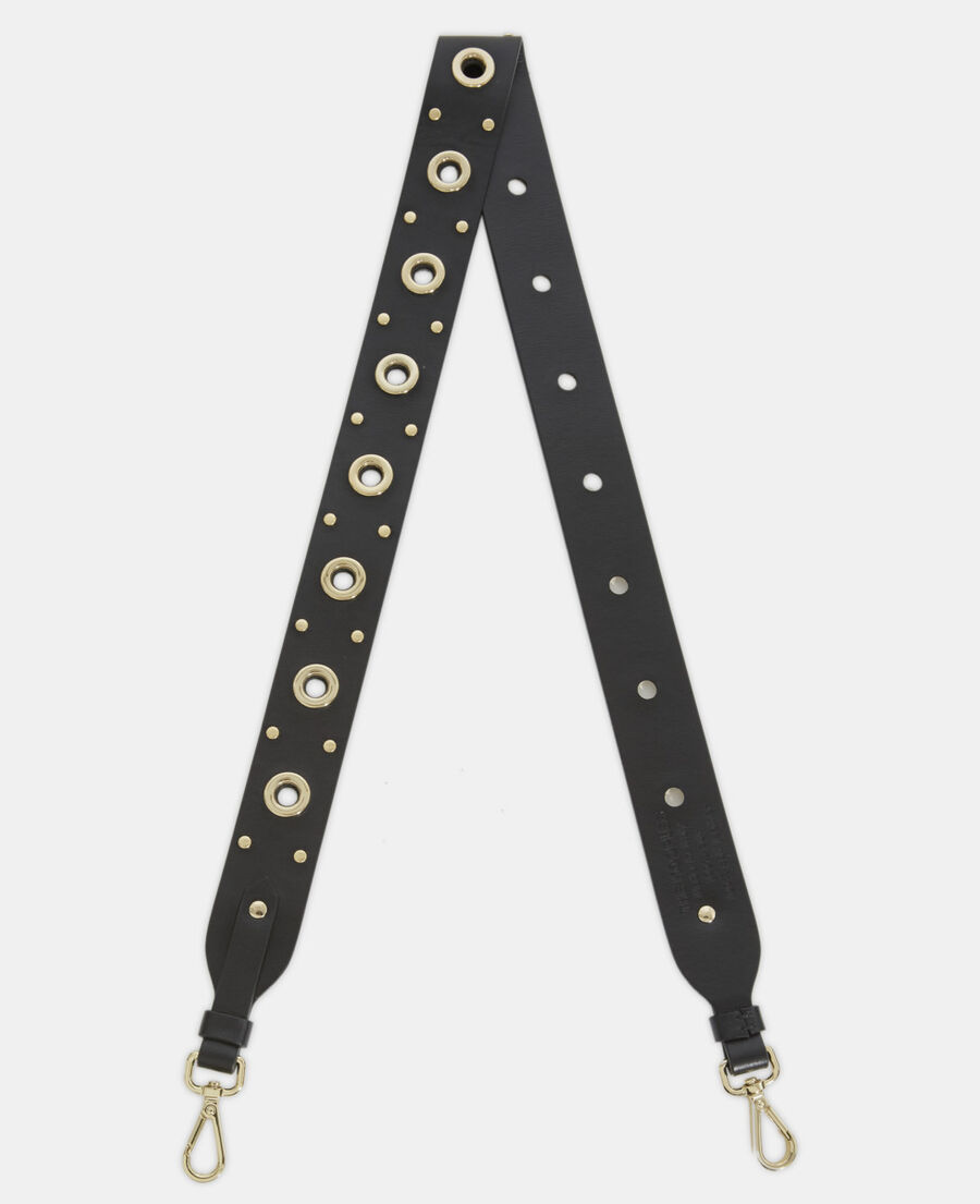 black leather handle with gold eyelets