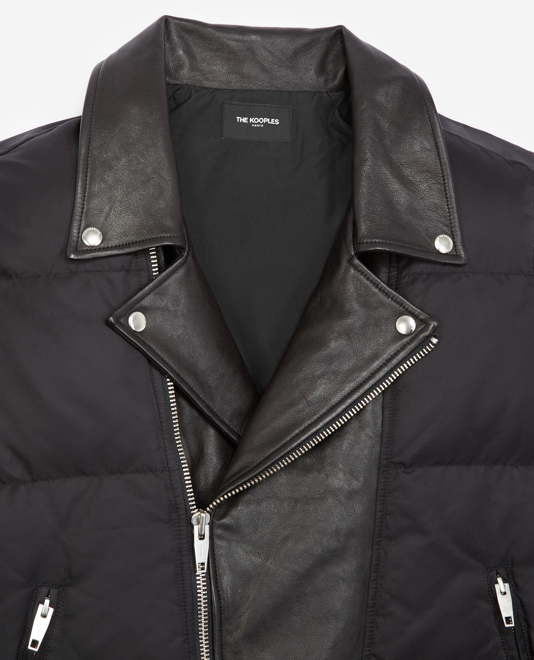Quilted black down jacket with leather detail