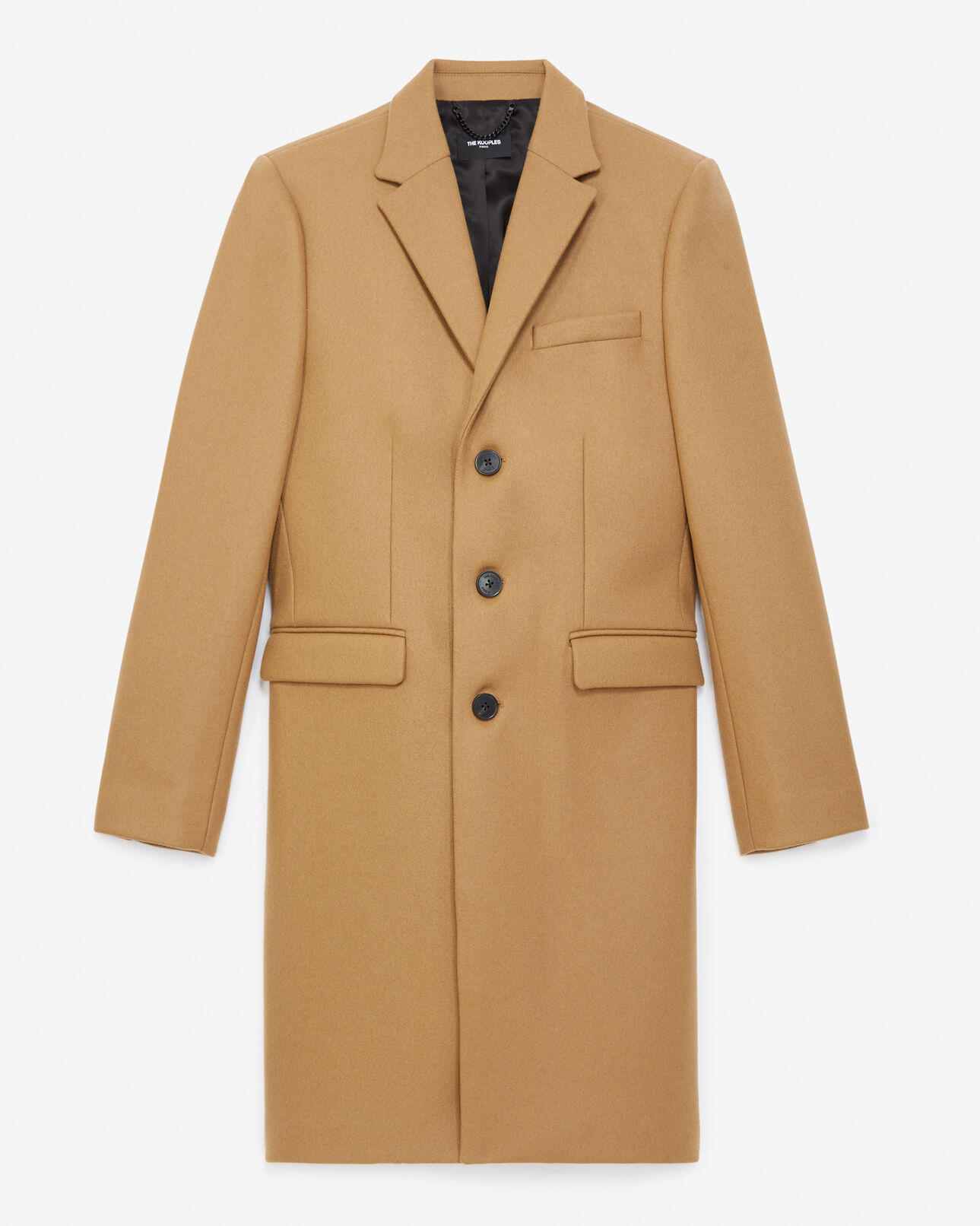 The Kooples HOMME CAMEL manteau laine beige droit à détail cuir