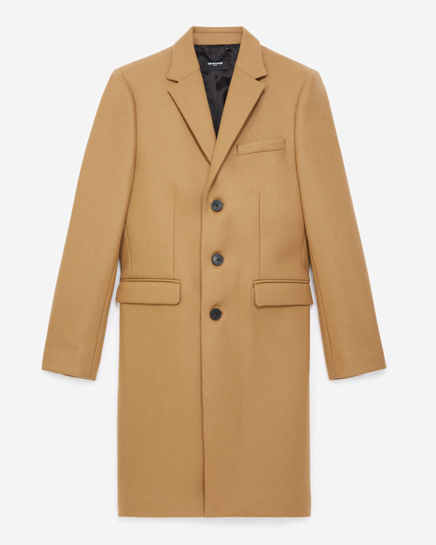 Manteau laine beige droit à détail cuir, CAMEL, hi-res image number null