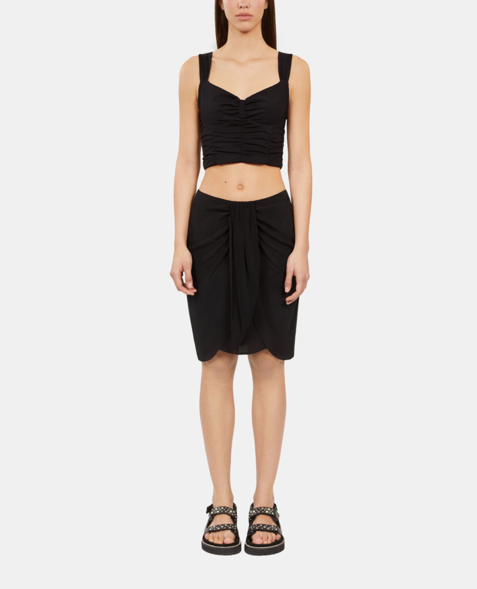 Short black draped washed silk skirt, BLACK, hi-res image number null