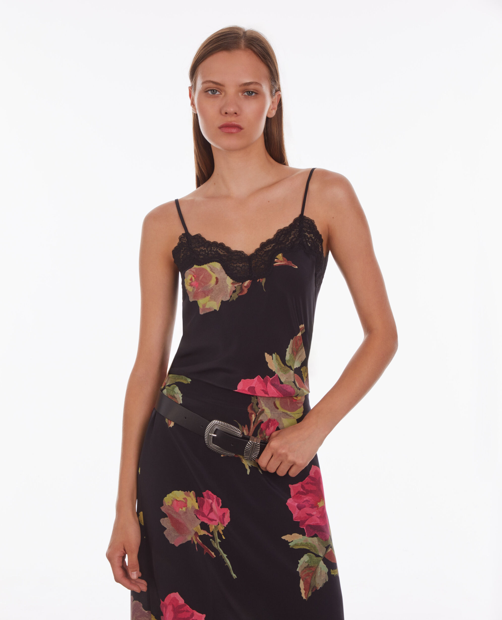 Printed silk camisole with lace, PINK BLACK, hi-res image number null