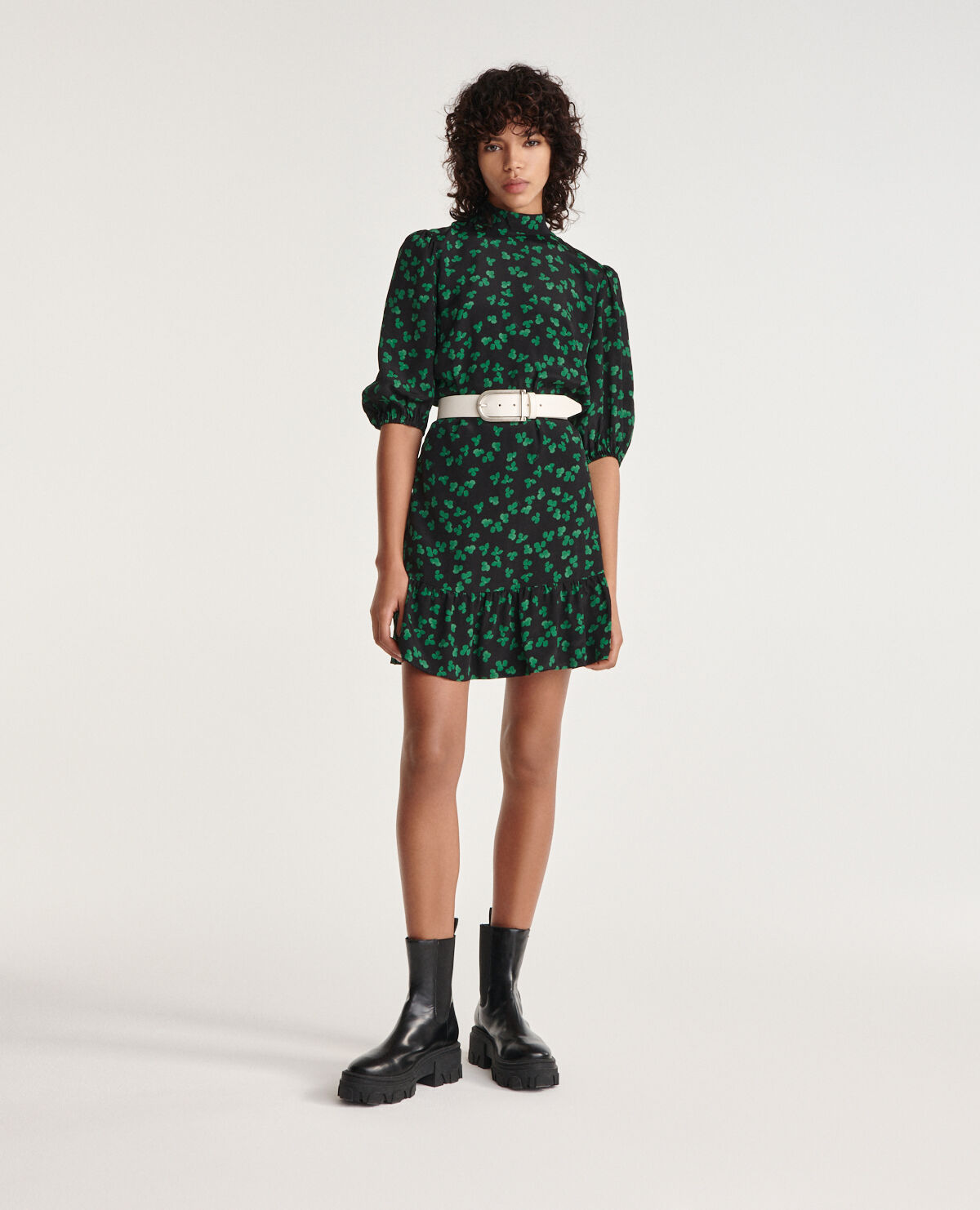 Short black dress green pattern high neck The Kooples US