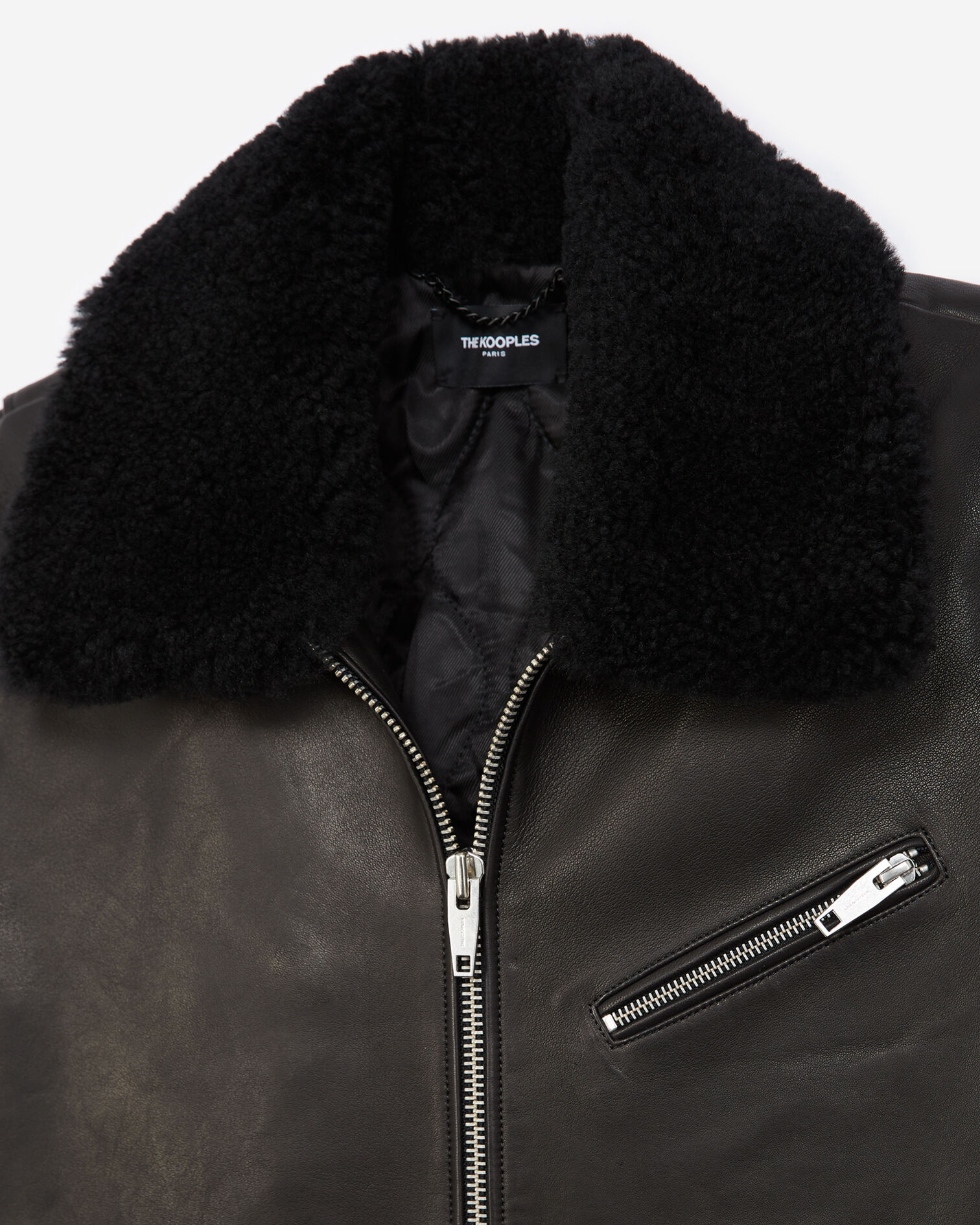 Black leather jacket with sheepskin collar, BLACK, hi-res image number null