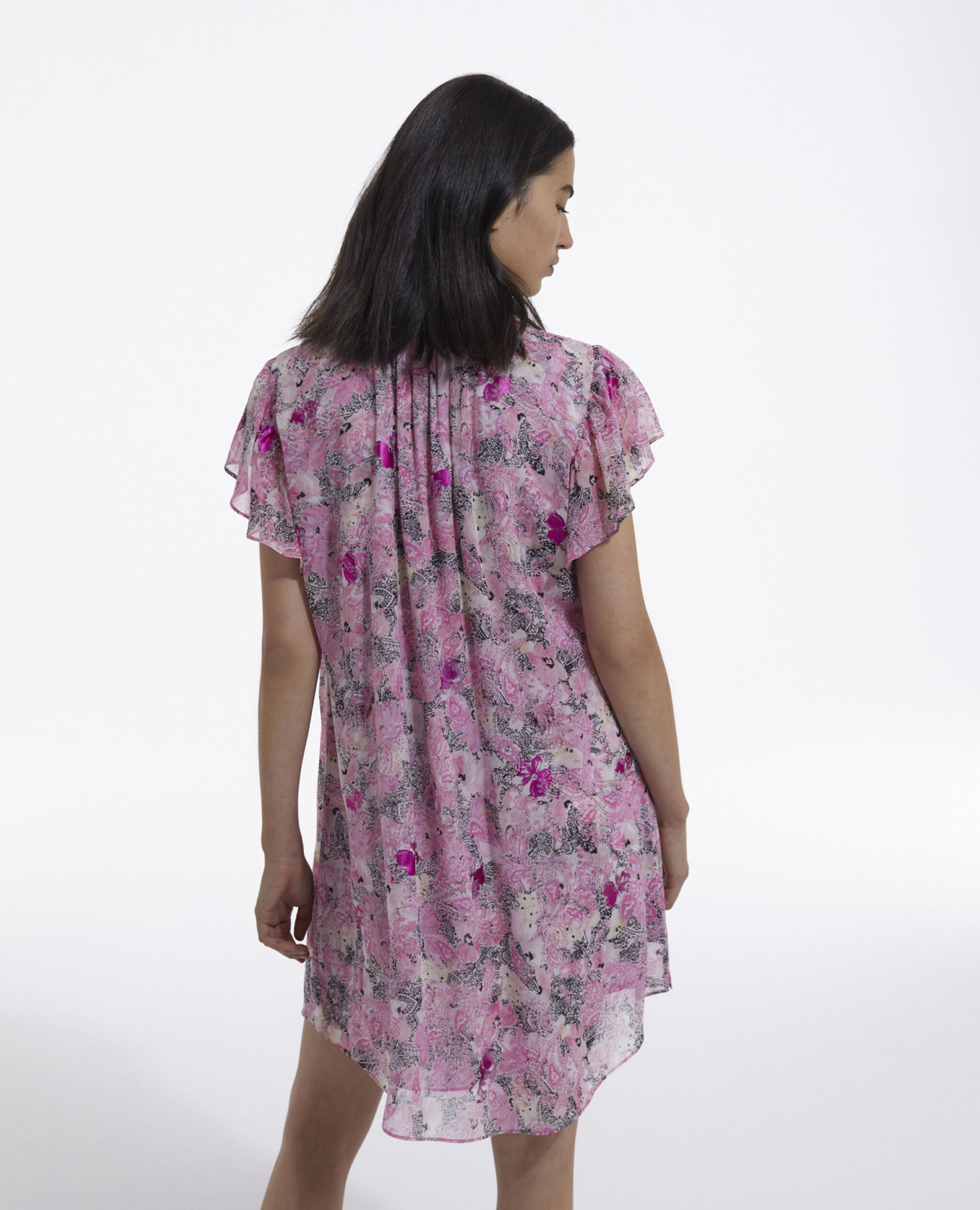 Robe courte rose manches à volants motifs, PINK, hi-res image number null