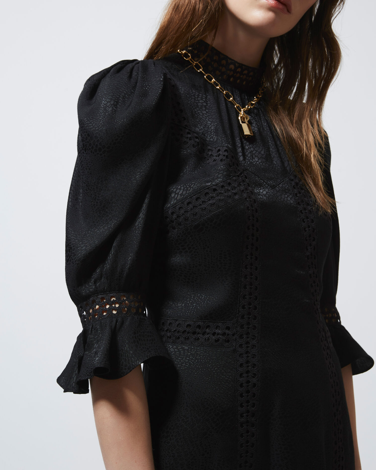 Robe courte habillée noire col montant, BLACK, hi-res image number null