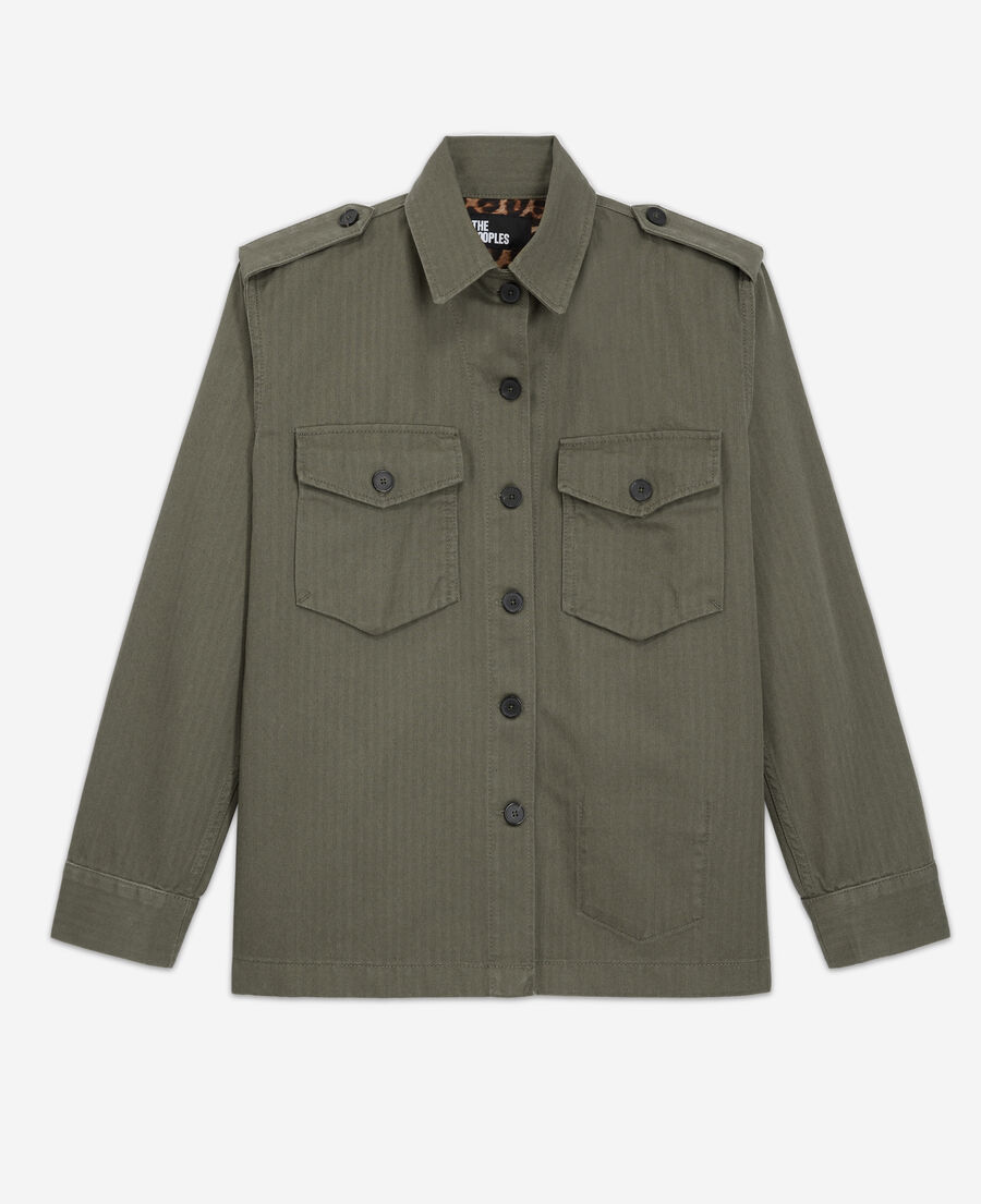 khaki overshirt with leopard print lining