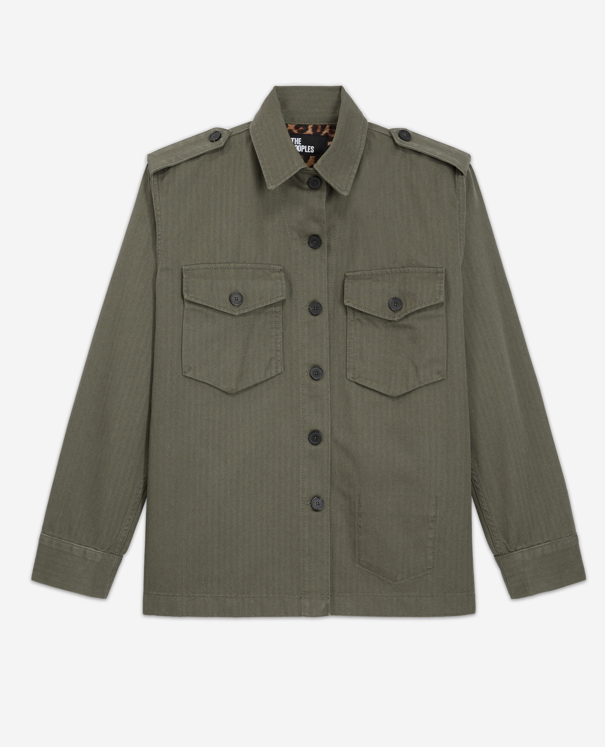 Khaki overshirt with leopard print lining, OLIVE NIGHT, hi-res image number null