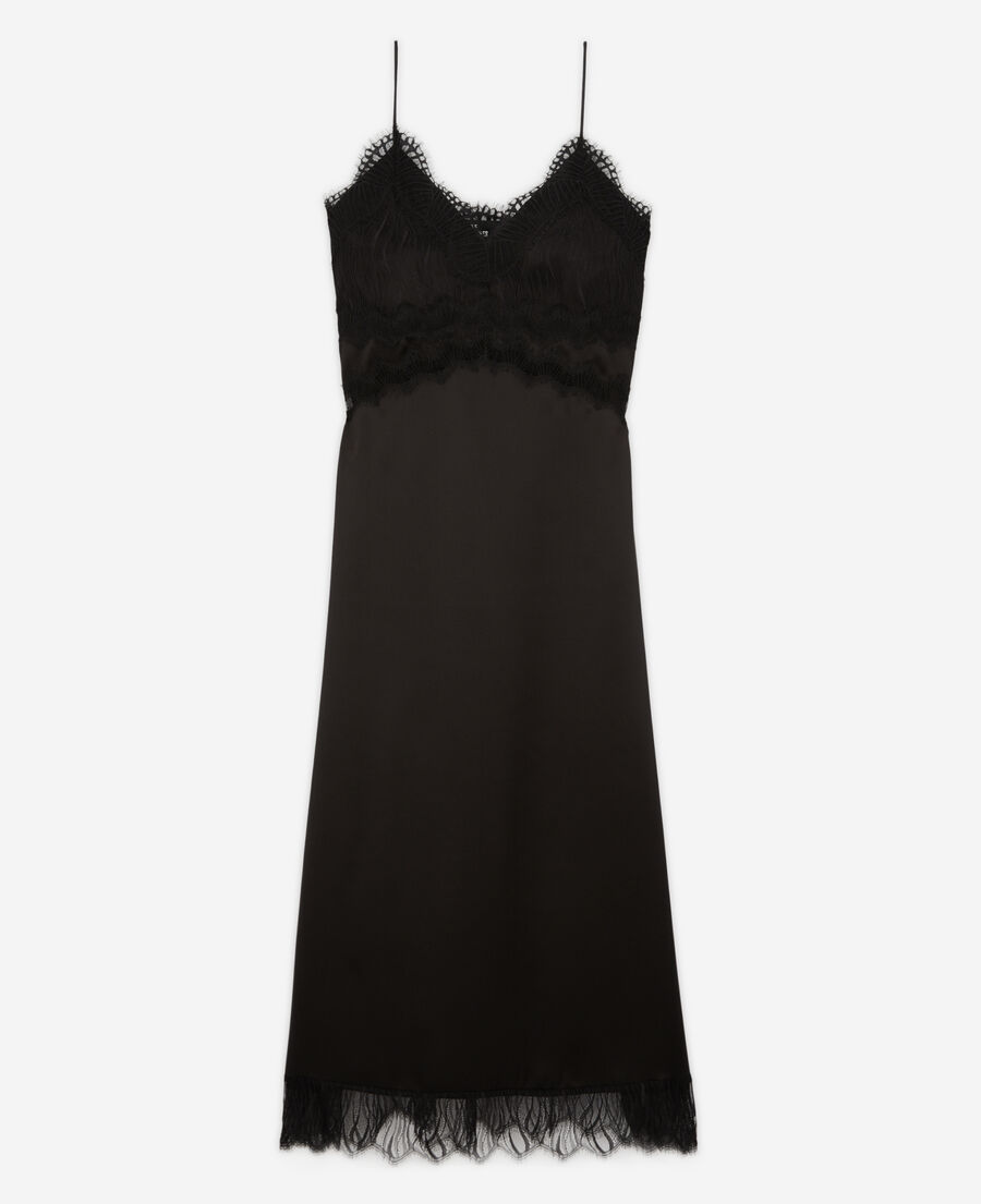 robe nuisette longue en soie noire avec détails en dentelle