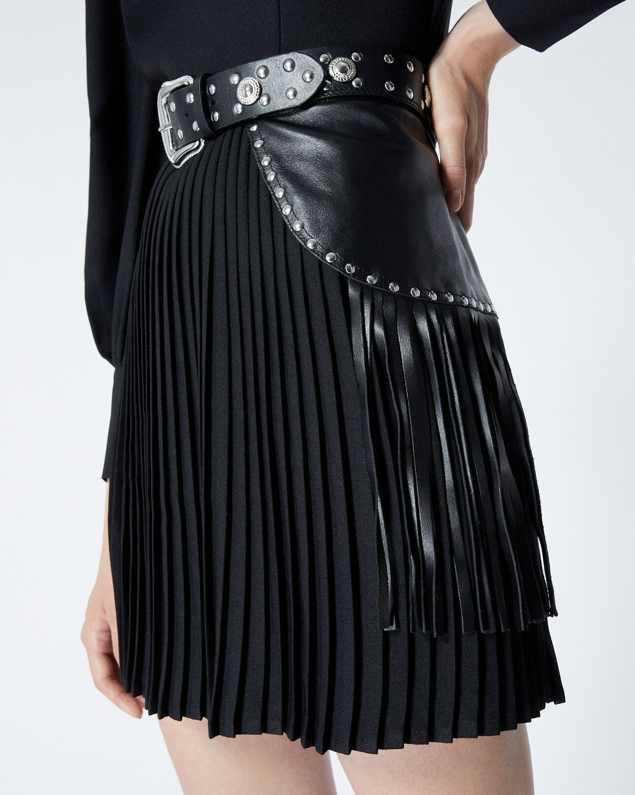 The Kooples FEMME BLACK ceinture cuir noire large à franges