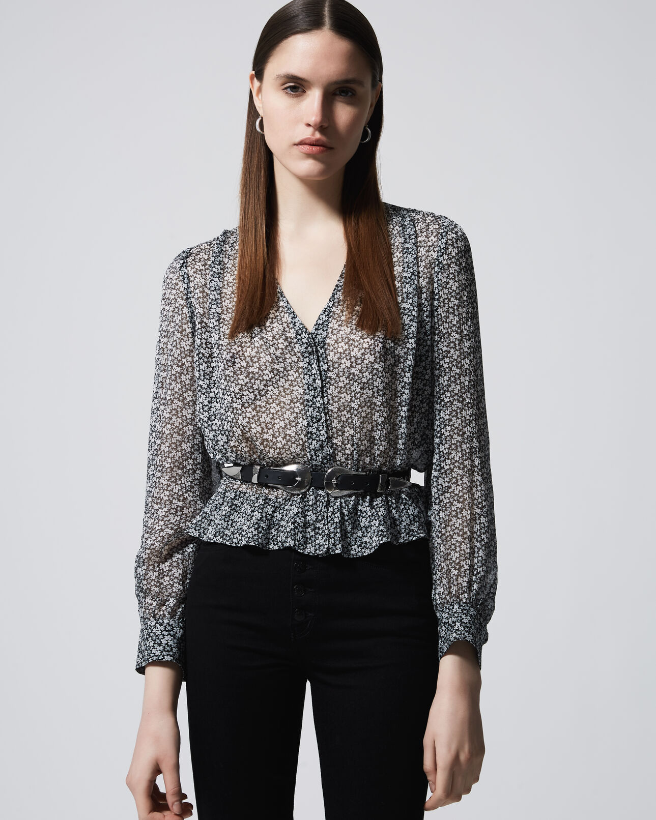 The Kooples F NAVY floral smart blue shirt with peplum
