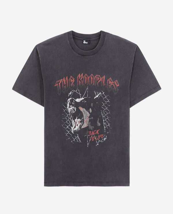men's black t-shirt with barking dog serigraphy
