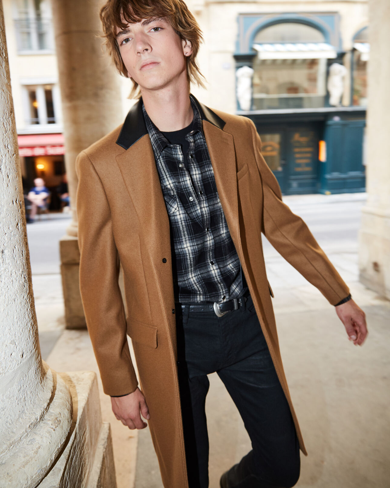 The Kooples HOMME CAMEL manteau camel laine long cintré col cuir