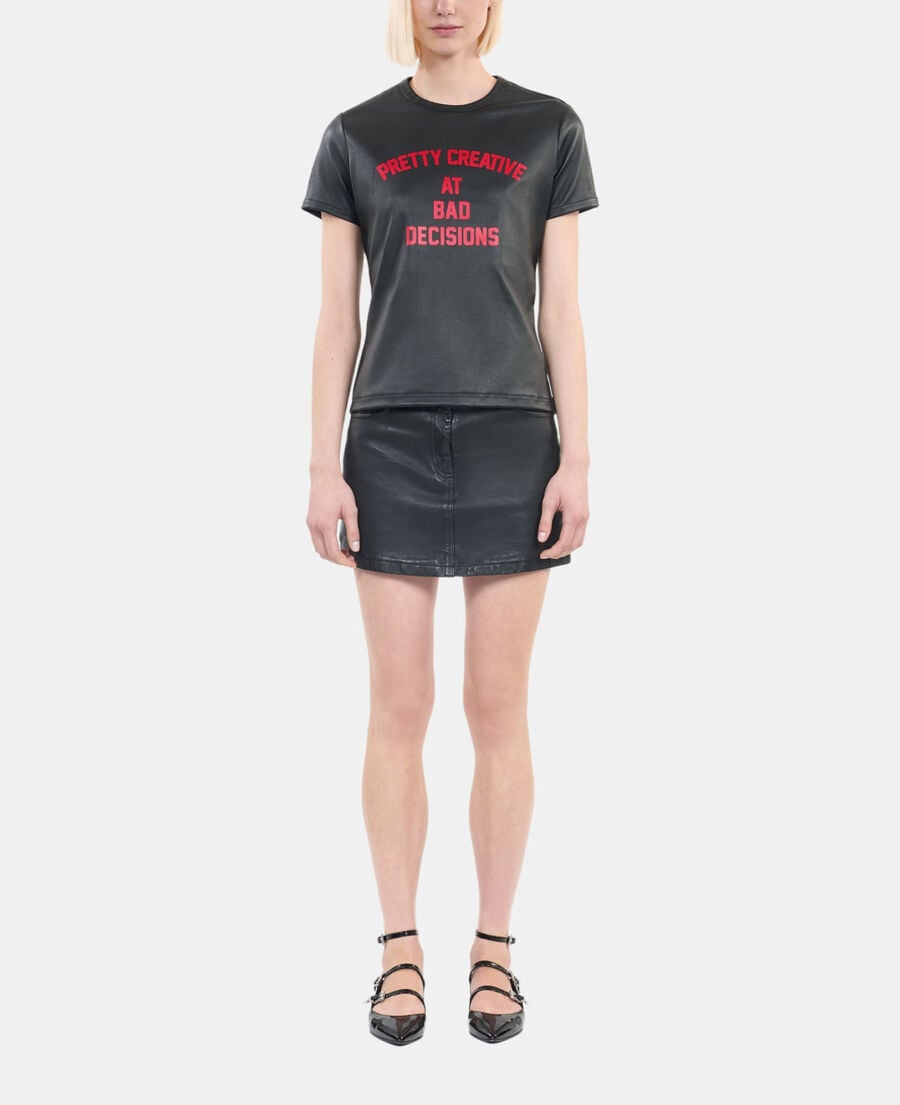 The Kooples WOMEN BLACK black leather pretty creative serigraphy t-shirt