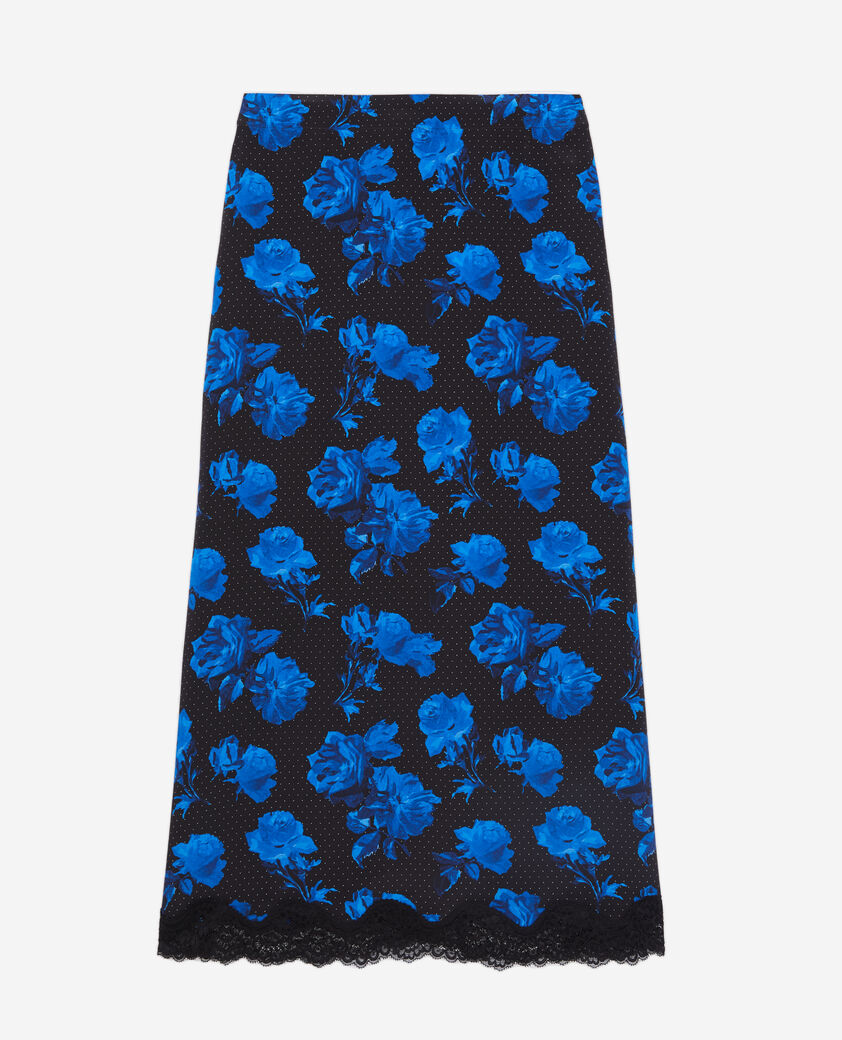 The Kooples WOMEN BLACK BLUE long printed silk skirt with lace details