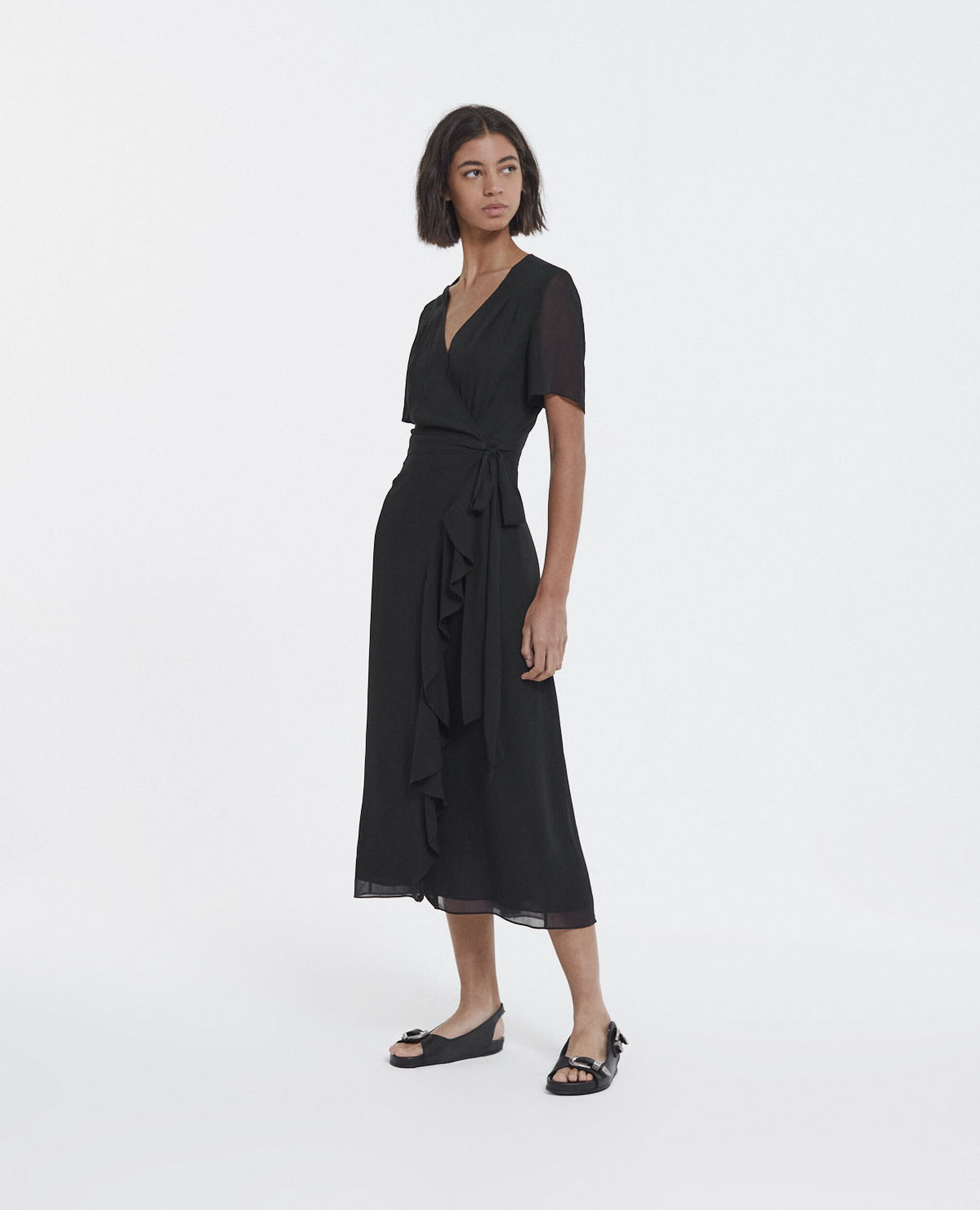 Long frilly black wrap dress, BLACK, hi-res image number null