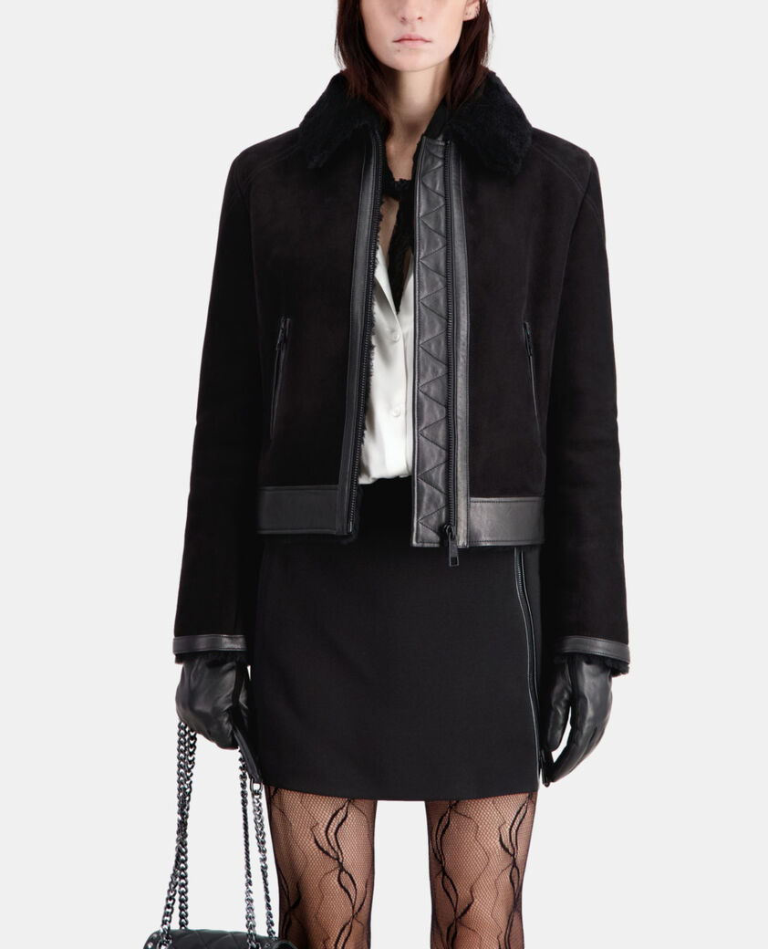 The Kooples FEMME BLACK blouson aviateur noir en peau lainée