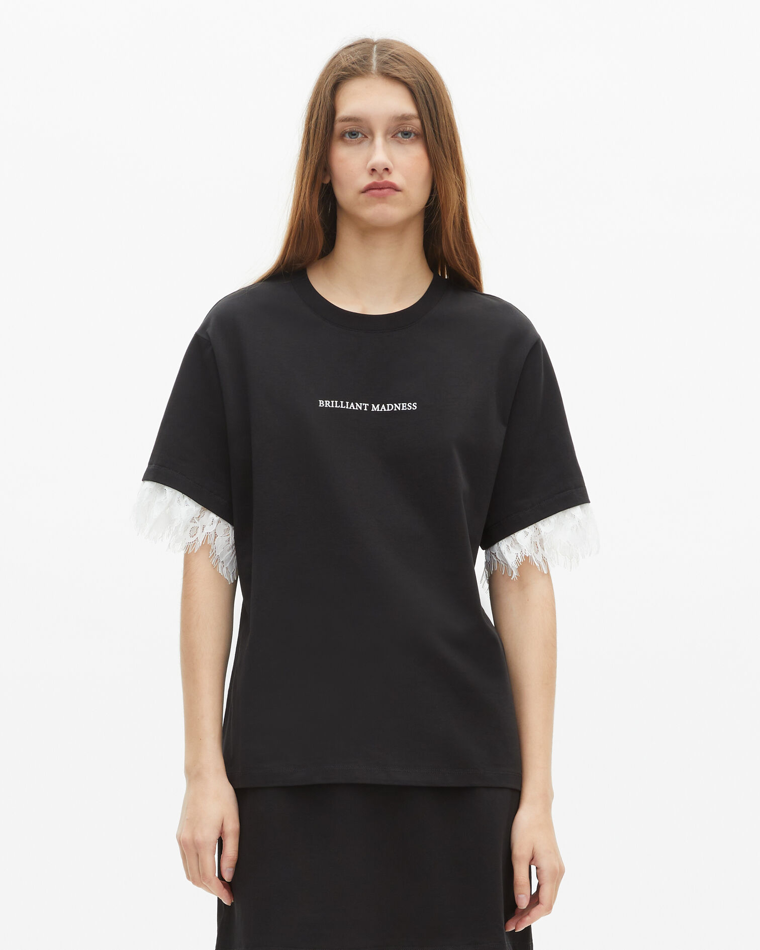 T-shirt avec sérigraphie et dentelle noire, BLACK, hi-res image number null