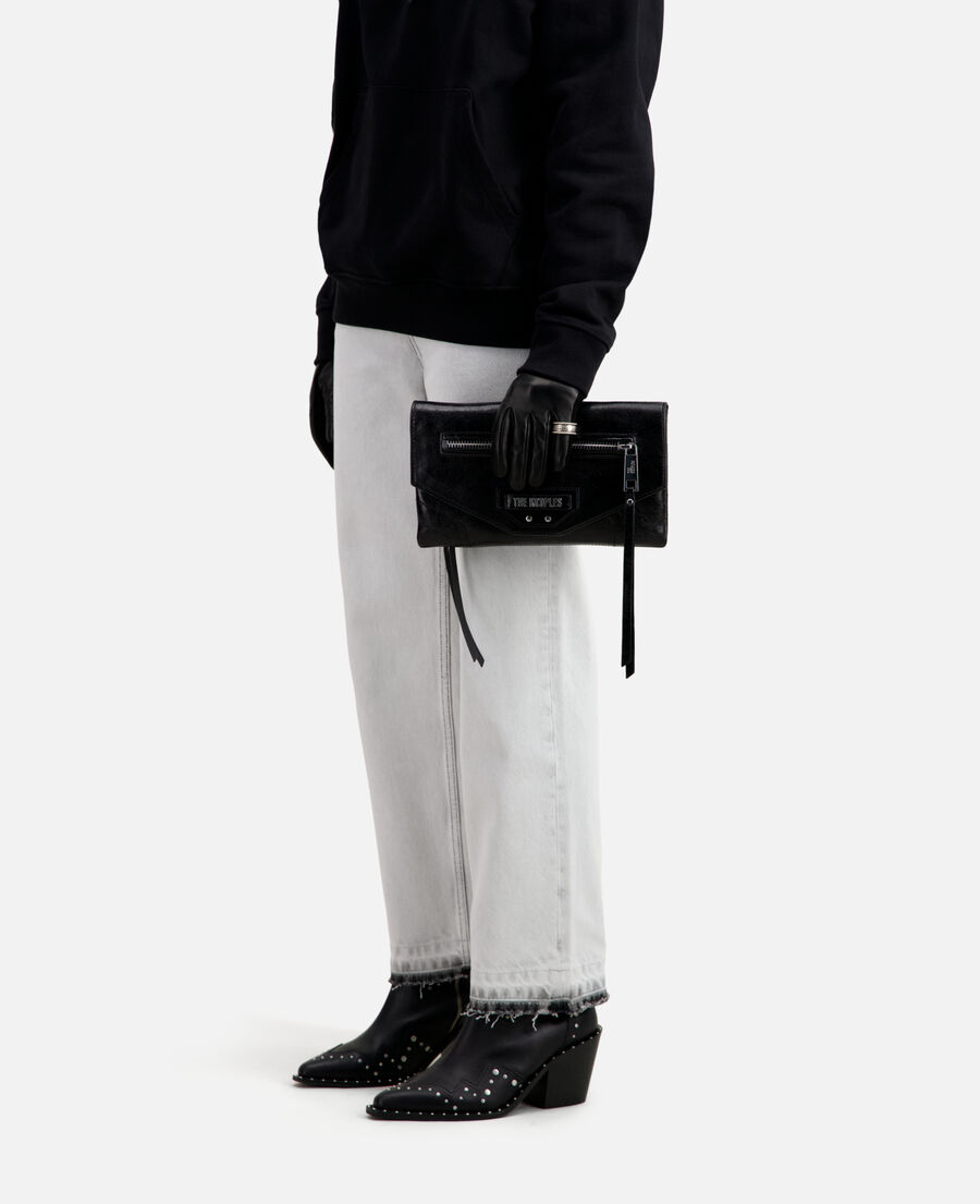 petite pochette jill en cuir noir avec chaîne