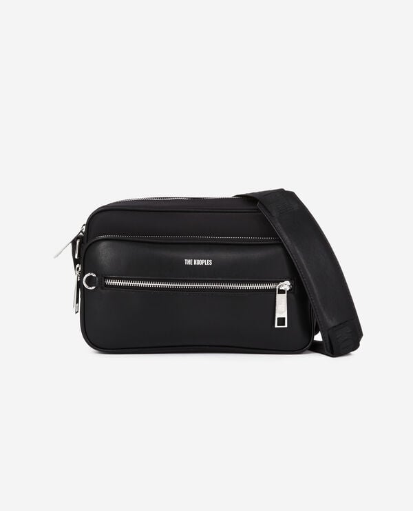 The Kooples MEN BLACK messenger bag in black leather and nylon fiber