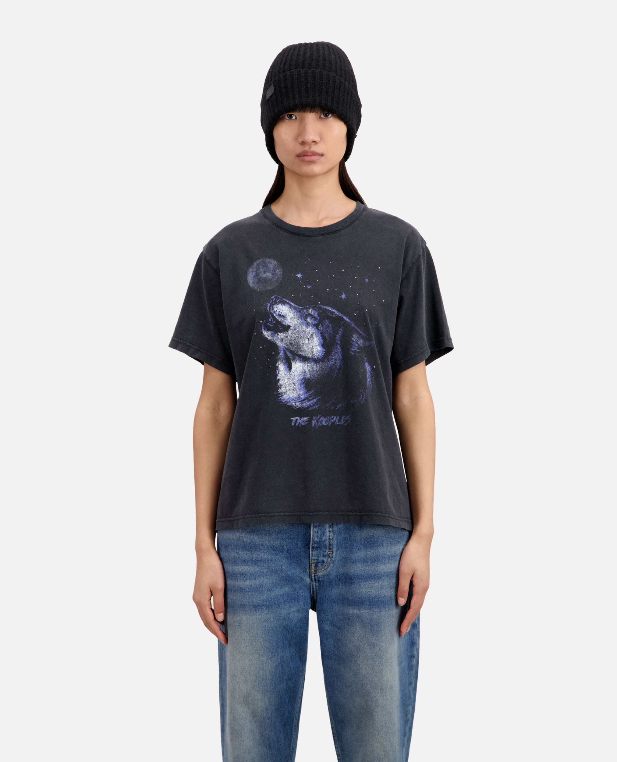 T-shirt Femme noir avec sérigraphie Wolf, BLACK WASHED, hi-res image number null