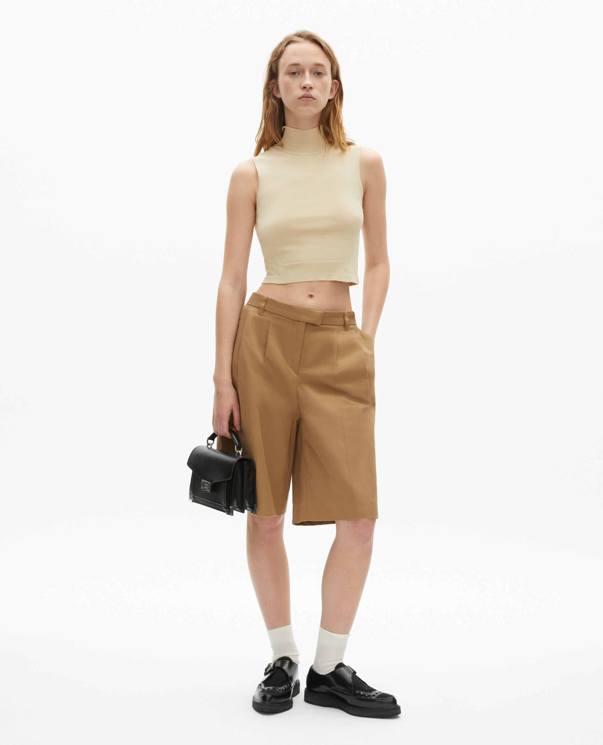Camel cotton and linen Bermuda shorts, BROWN, hi-res image number null